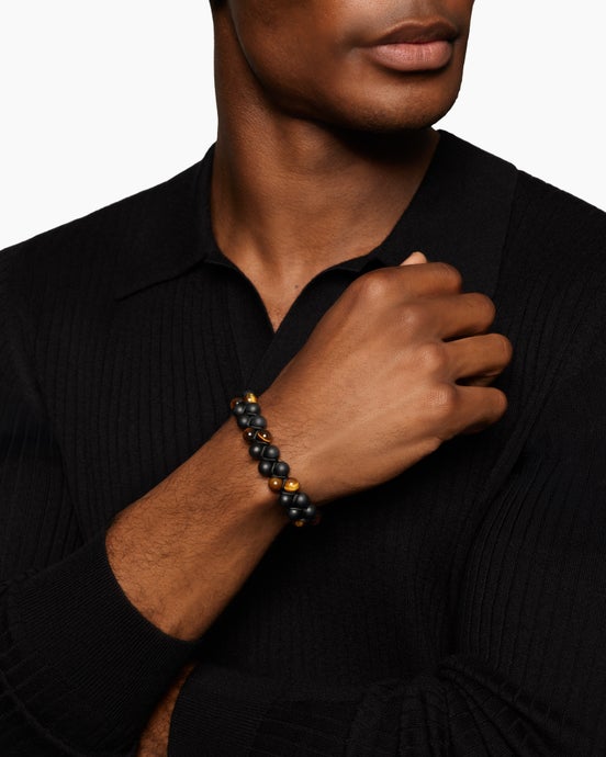 Spiritual Beads Two Row Woven Bracelet with Black Onyx, Tiger's Eye, Black Nylon and Sterling Silver, 8mm