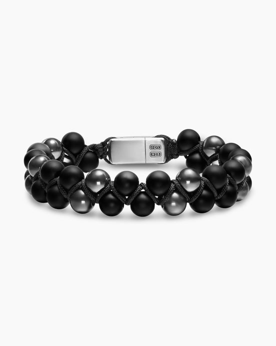 Bracelet Spiritual Beads à deux rangs avec onyx noir, hématine, nylon noir et argent sterling, 8 mm