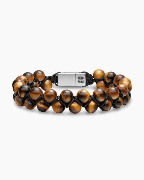 Spiritual Beads Two Row Woven Bracelet with Tiger's Eye, Black Nylon and Sterling Silver, 8mm