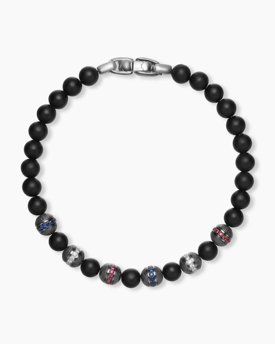 Spiritual Beads Flag Bracelet in Sterling Silver with Black Onyx, Sapphires, Diamonds and Rubies, 6mm