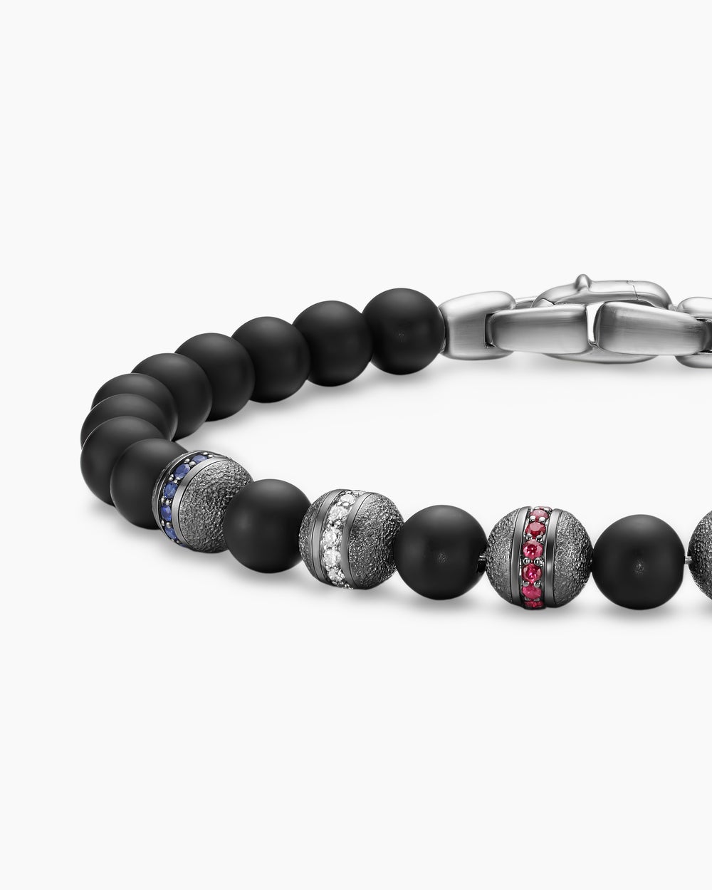 Bracelet drapeau Spiritual Beads en argent sterling avec onyx noir, saphirs, diamants et rubis, 6 mm hommes