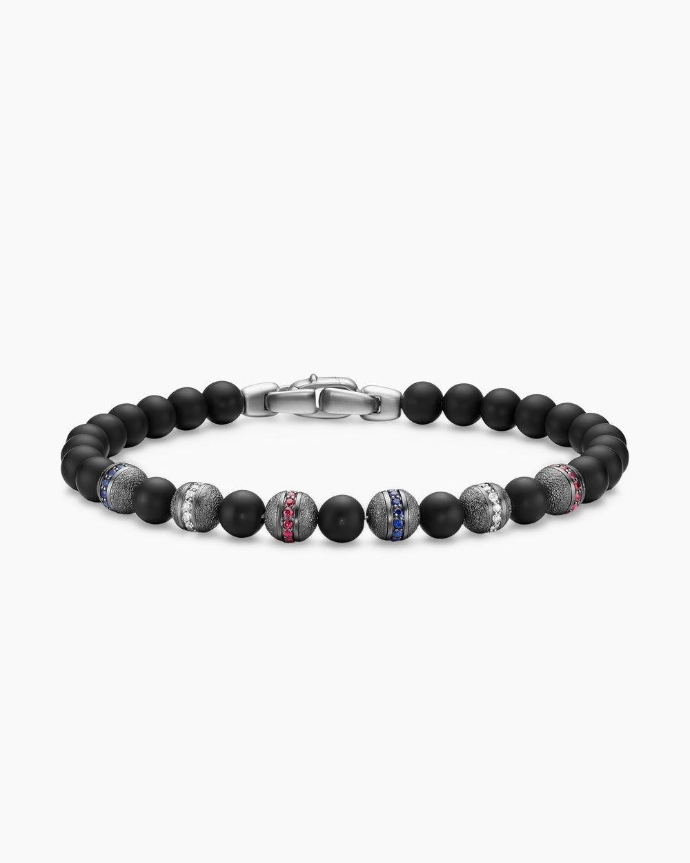 Bracelet drapeau Spiritual Beads en argent sterling avec onyx noir, saphirs, diamants et rubis, 6 mm hommes