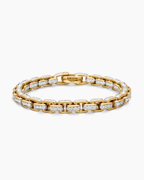 Box Chain Bracelet in 18K Yellow Gold with Pavé Diamonds, 7.3mm