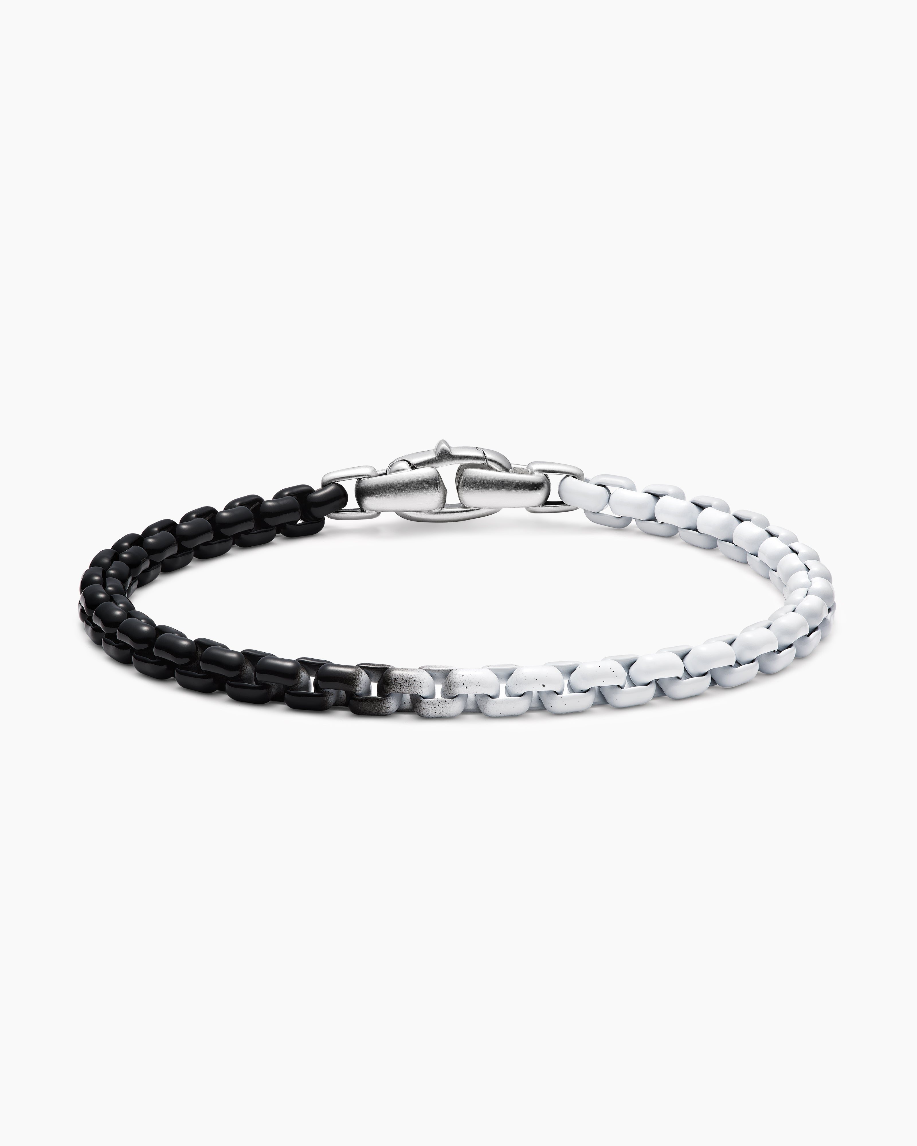 Mens Box Chain Bracelet in Sterling Silver with Black and White Stainless Steel, 5mm