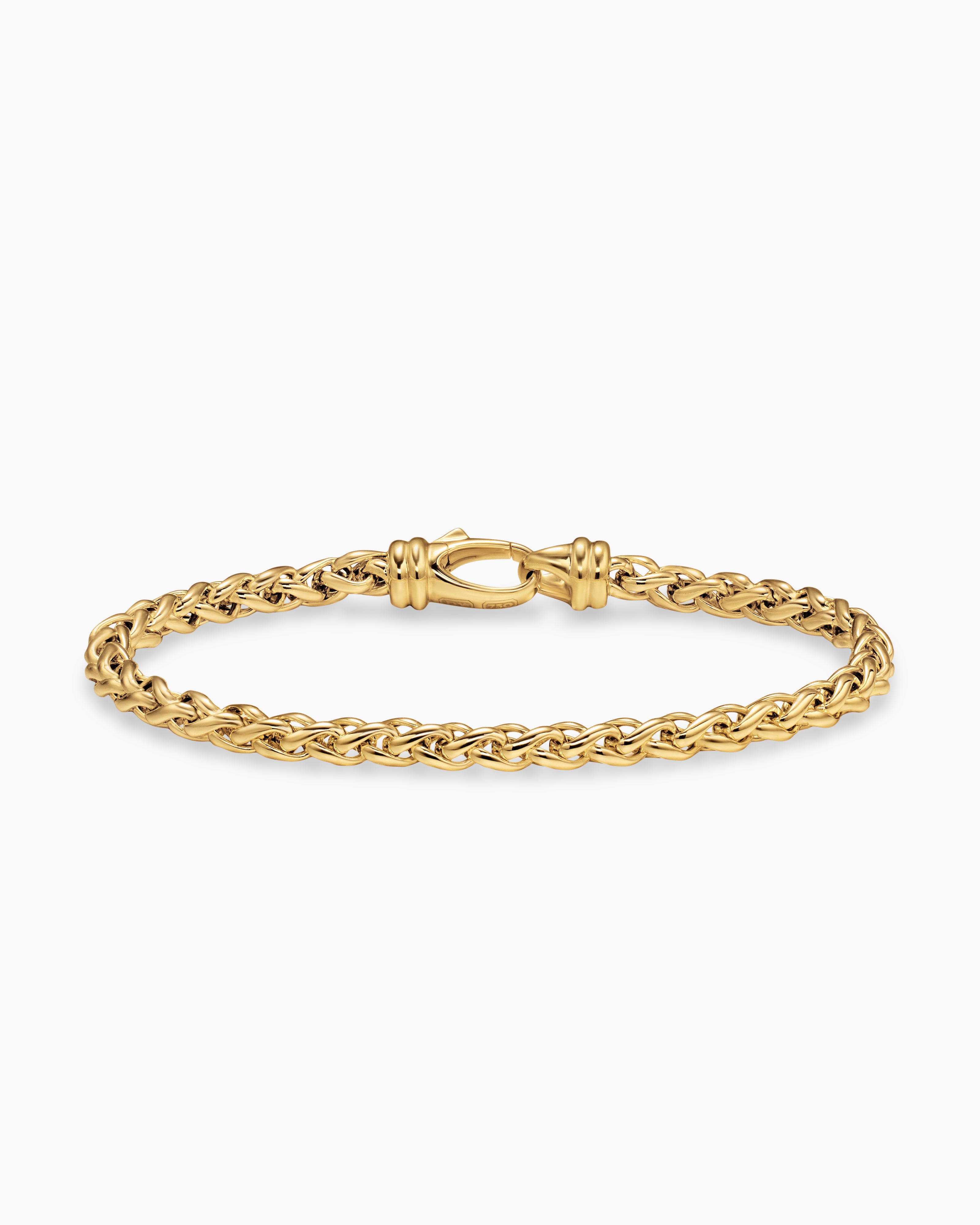 Mens Wheat Chain Bracelet in 18K Yellow Gold, 4mm