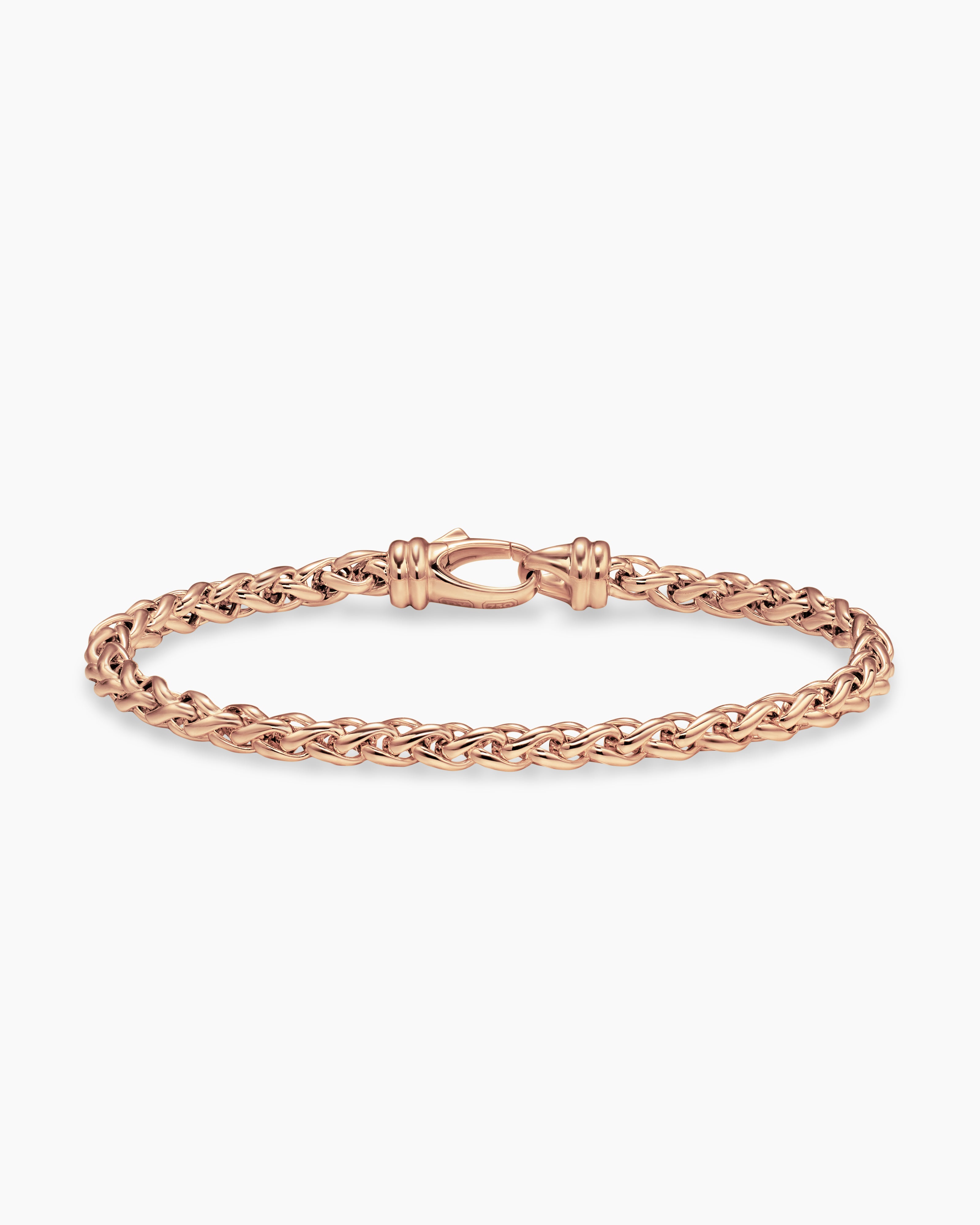 Mens Wheat Chain Bracelet in 18K Rose Gold, 4mm