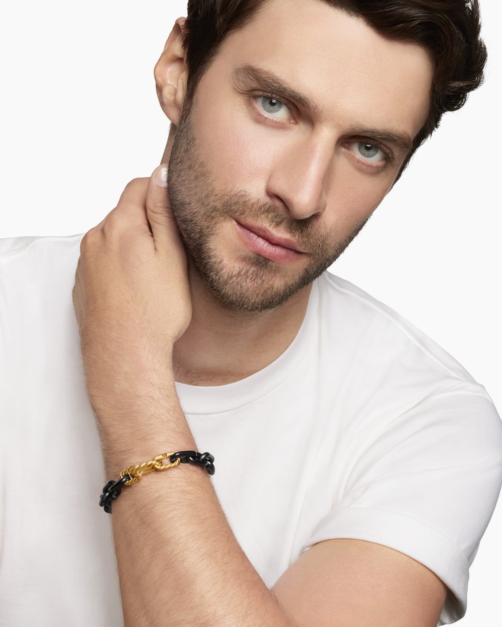 Mens Chain Links Bracelet in Black Titanium with 18K Yellow Gold, 10mm