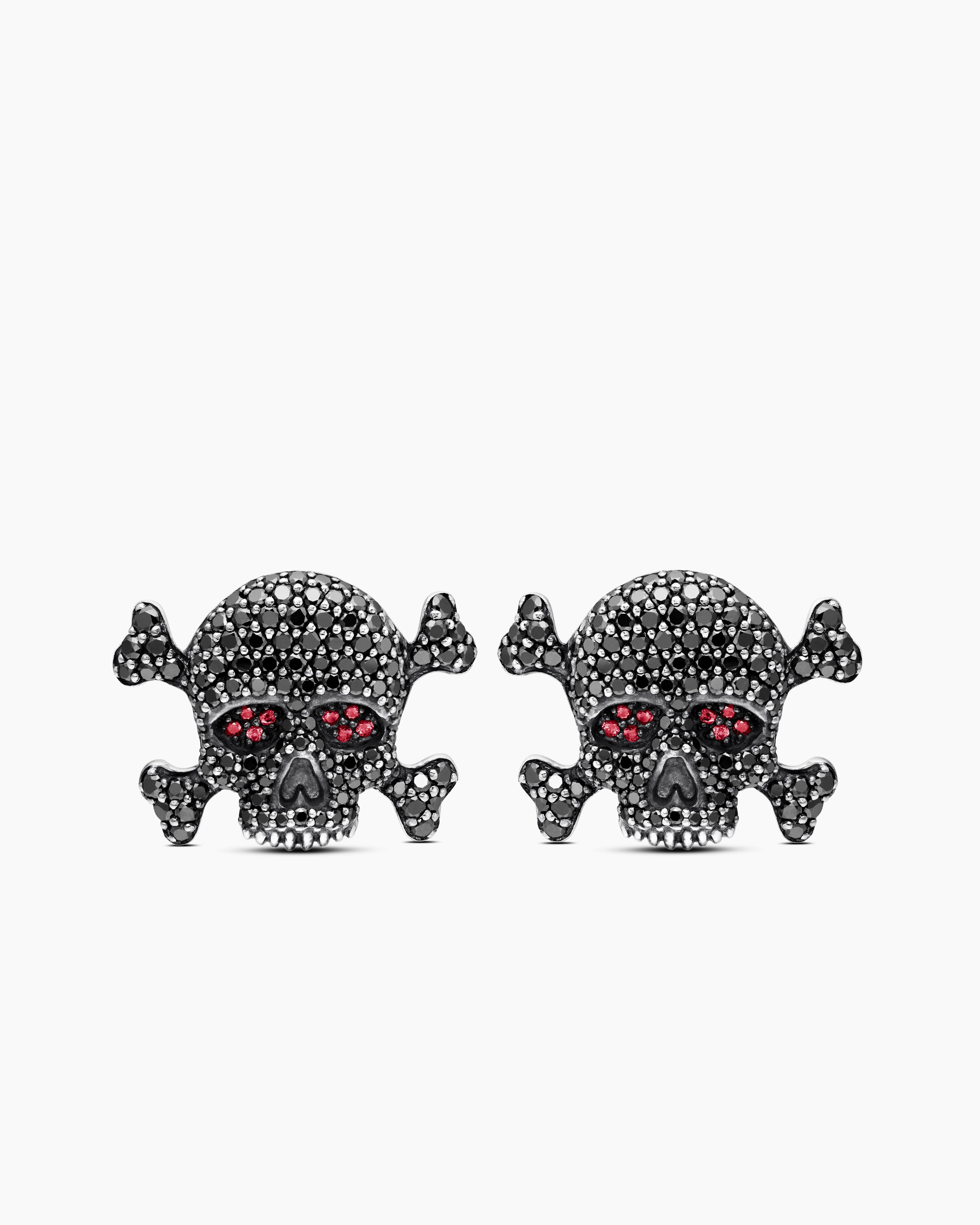 Mens Memento Mori Skull Cufflinks in Sterling Silver with Black Diamonds and Rubies, 24mm