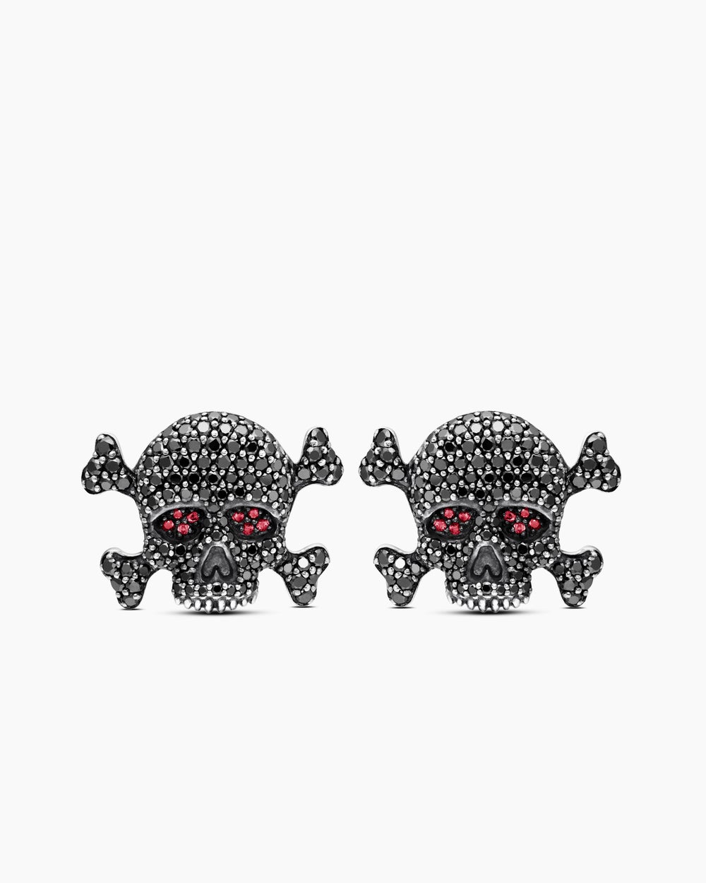 Mens Memento Mori Skull Cufflinks in Sterling Silver with Black Diamonds and Rubies, 24mm