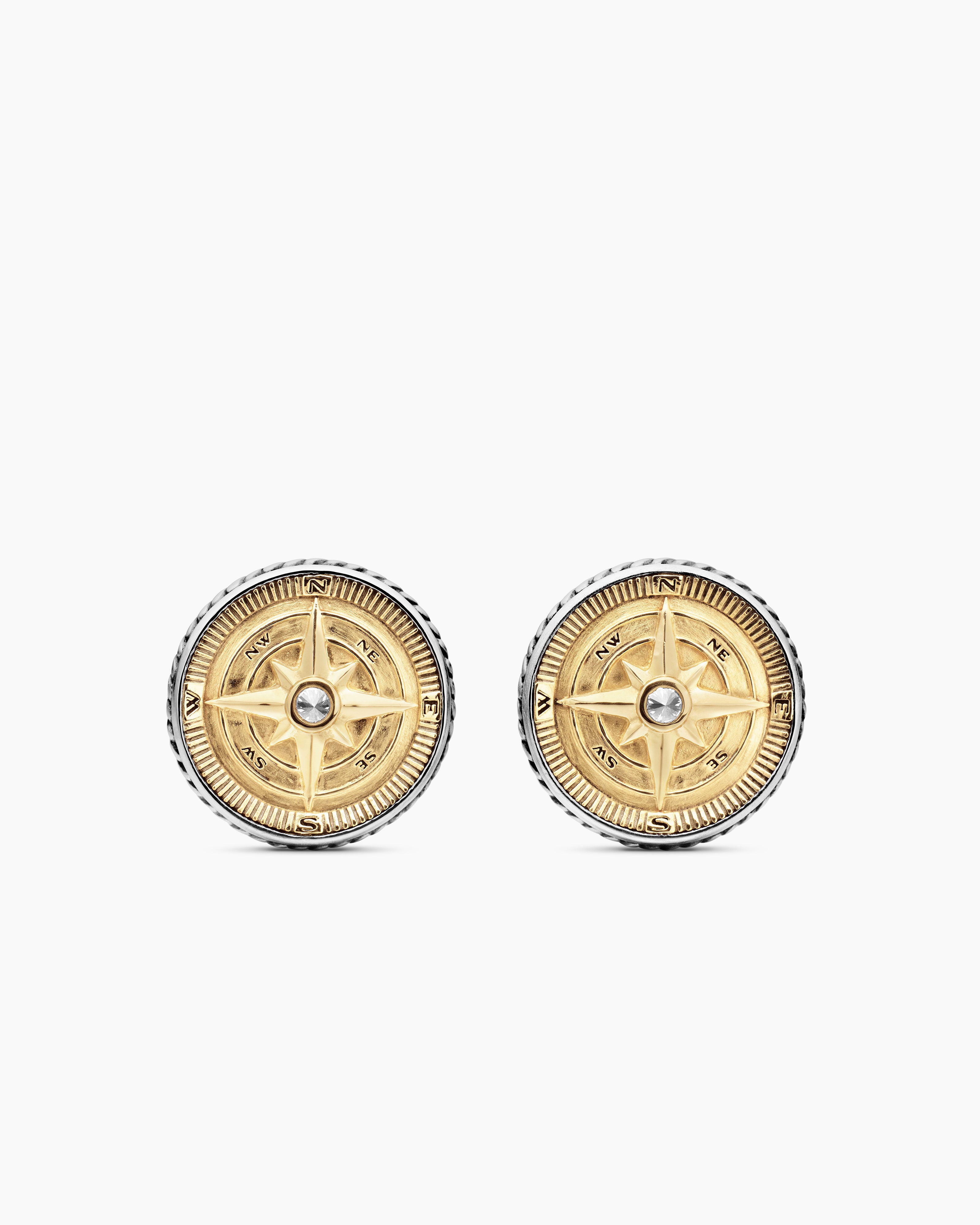 Mens Maritime&reg; Compass Cufflinks in Sterling Silver with 18K Yellow Gold and Center Diamond, 16mm