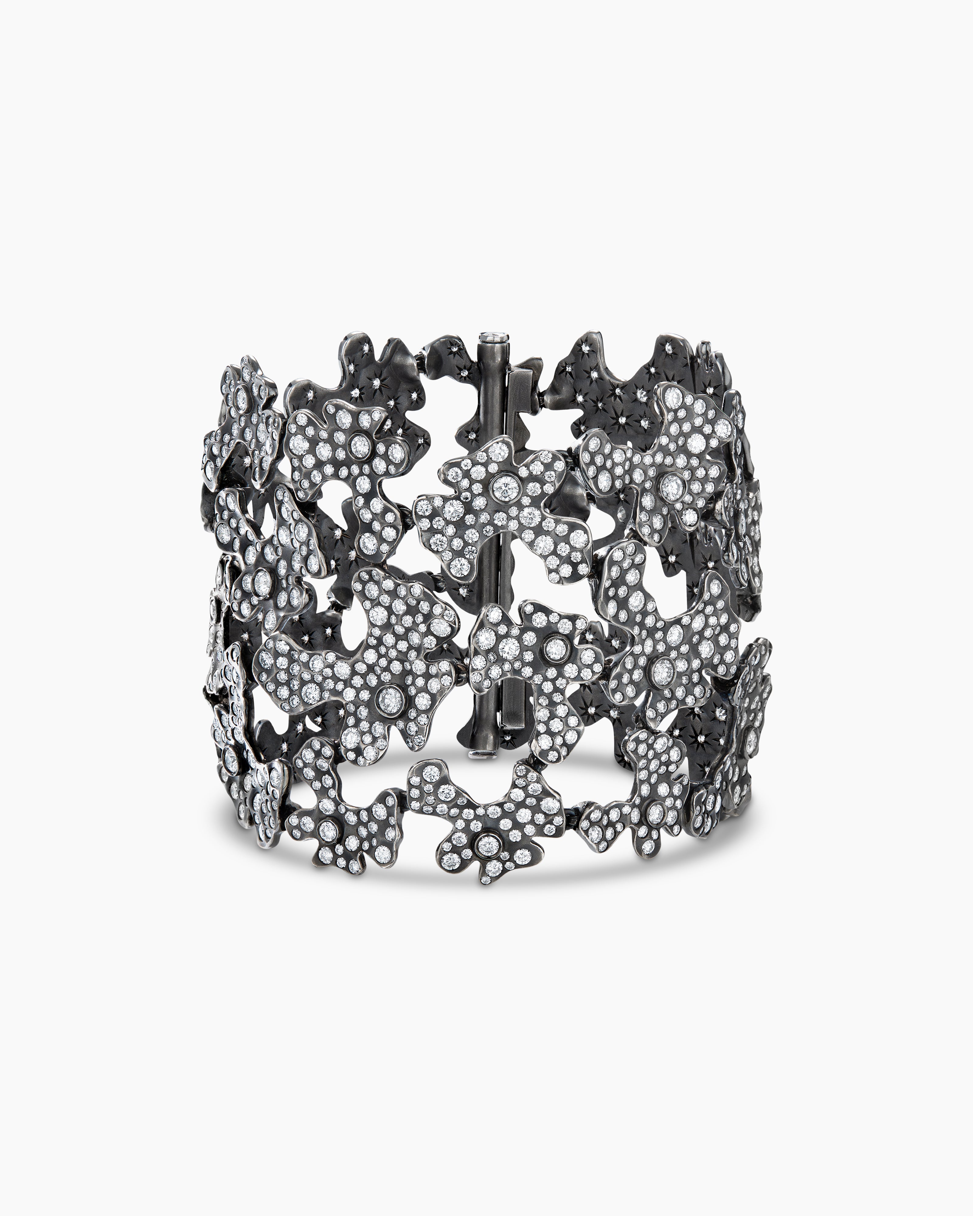 Womens Petals Wide Bracelet in White Gold with Rhodiated Black and Diamonds