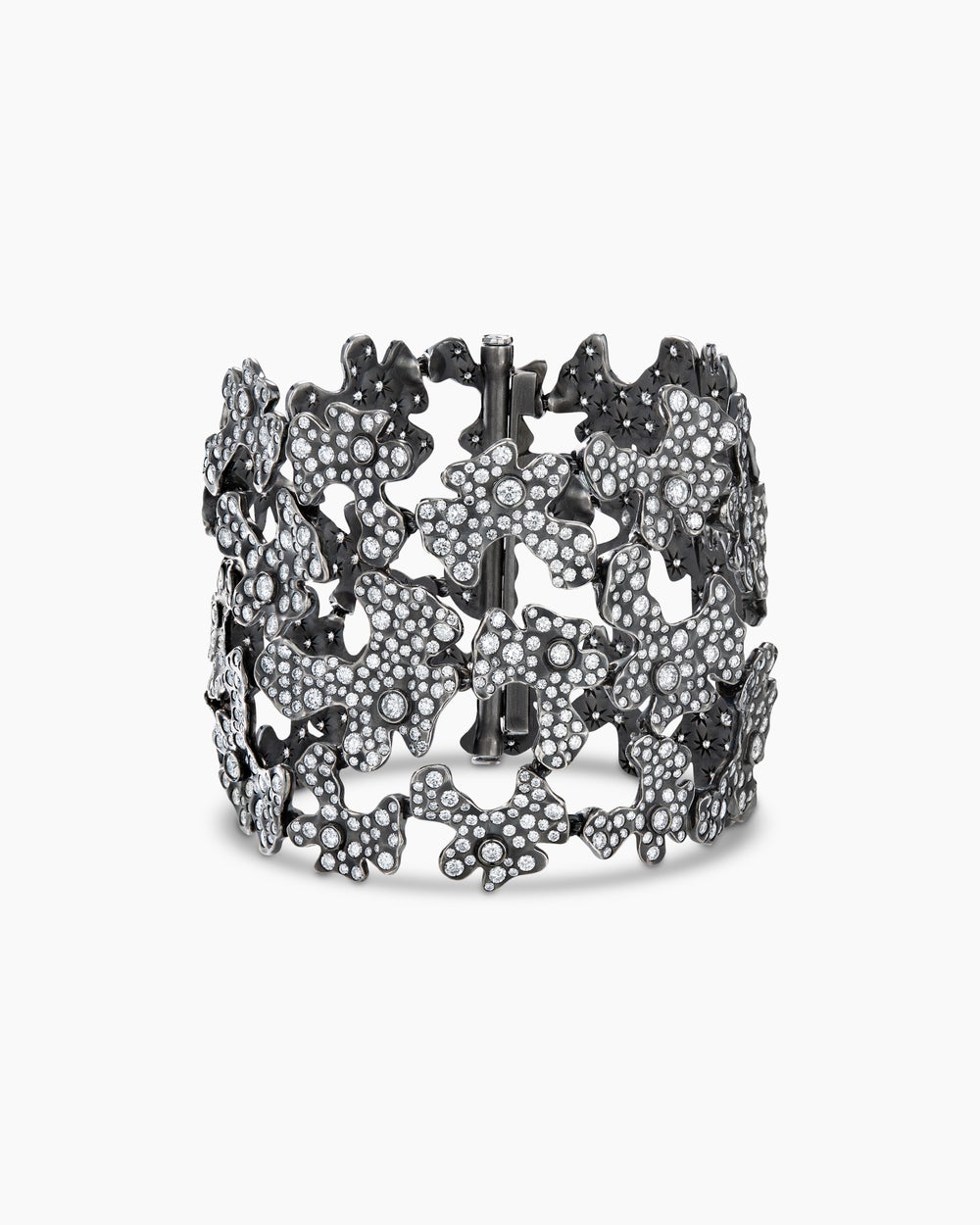 Womens Petals Wide Bracelet in White Gold with Rhodiated Black and Diamonds