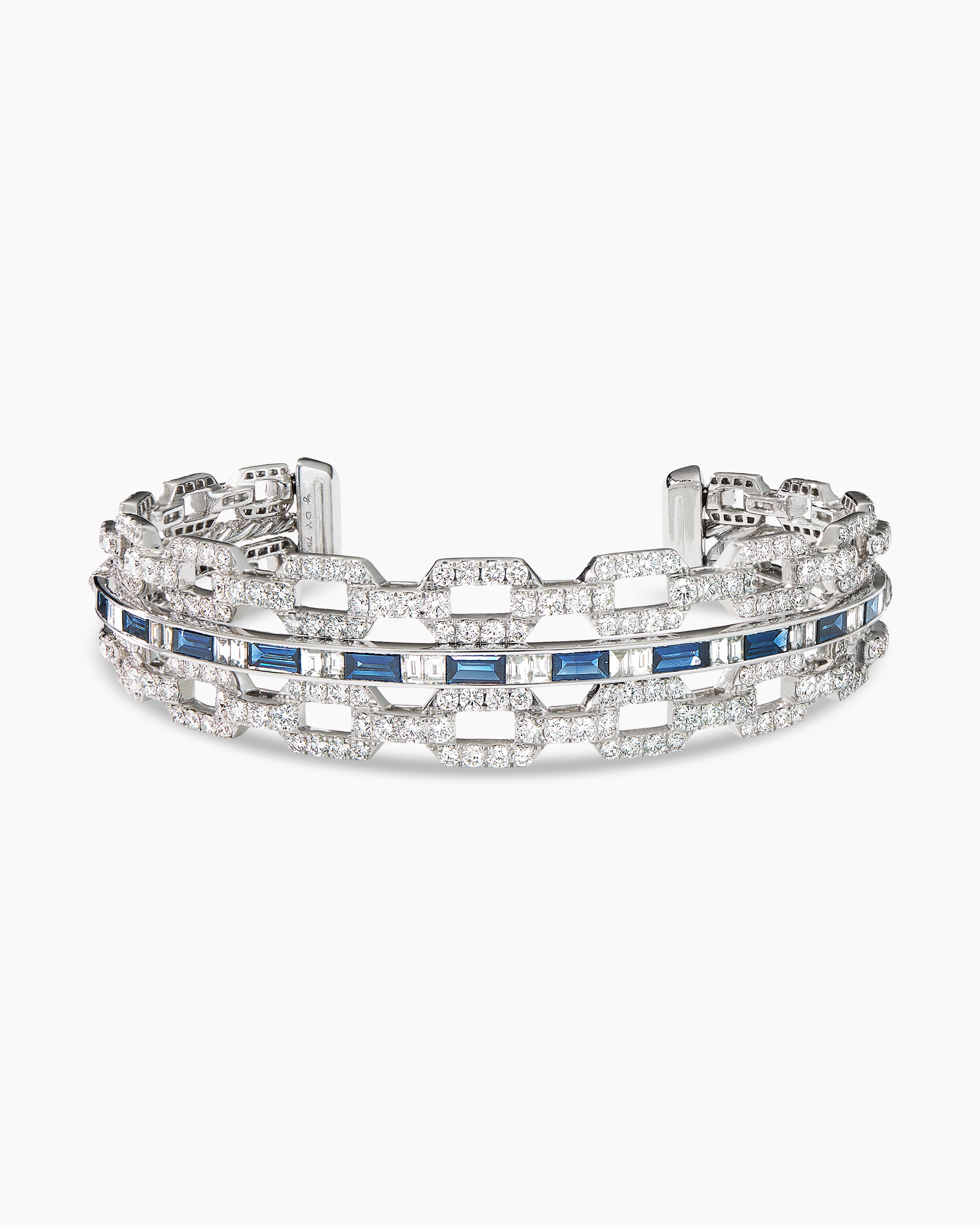 Womens Stax Three Row Cuff Bracelet in White Gold with Sapphires and Diamonds