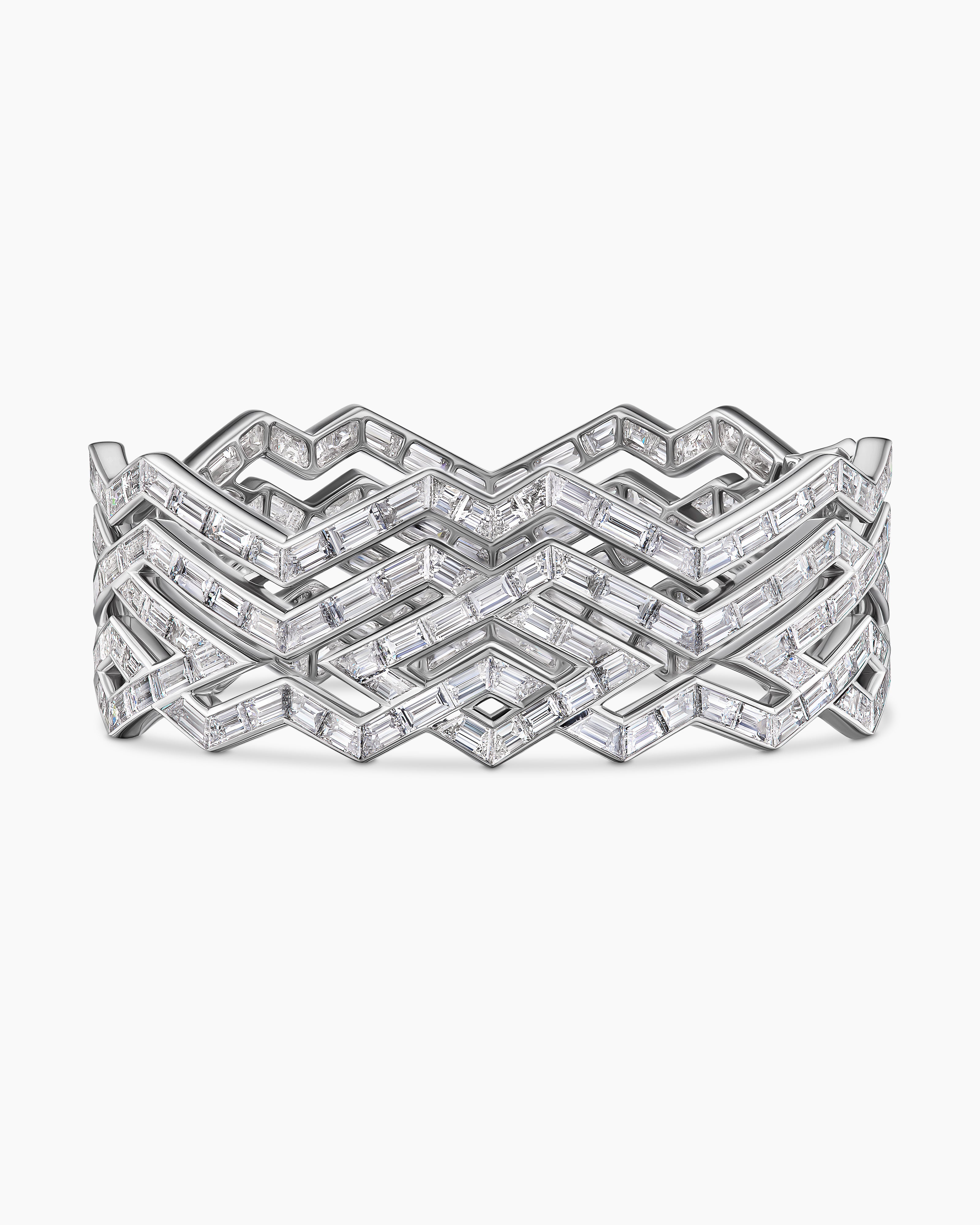 Womens Stax Zig Zag Multi Row Bangle Bracelet in White Gold with Diamonds