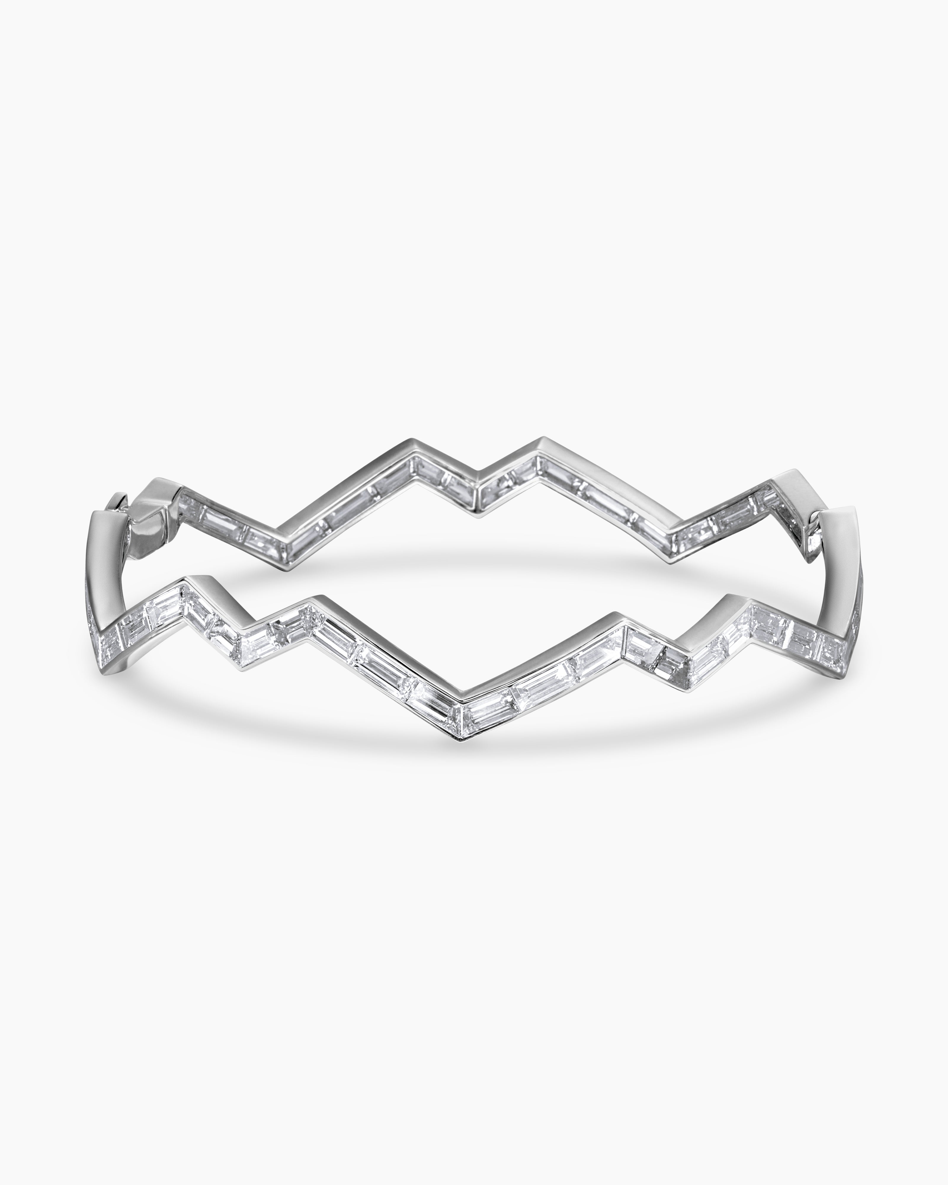 Womens Stax Zig Zag Bangle Bracelet in White Gold with Diamonds