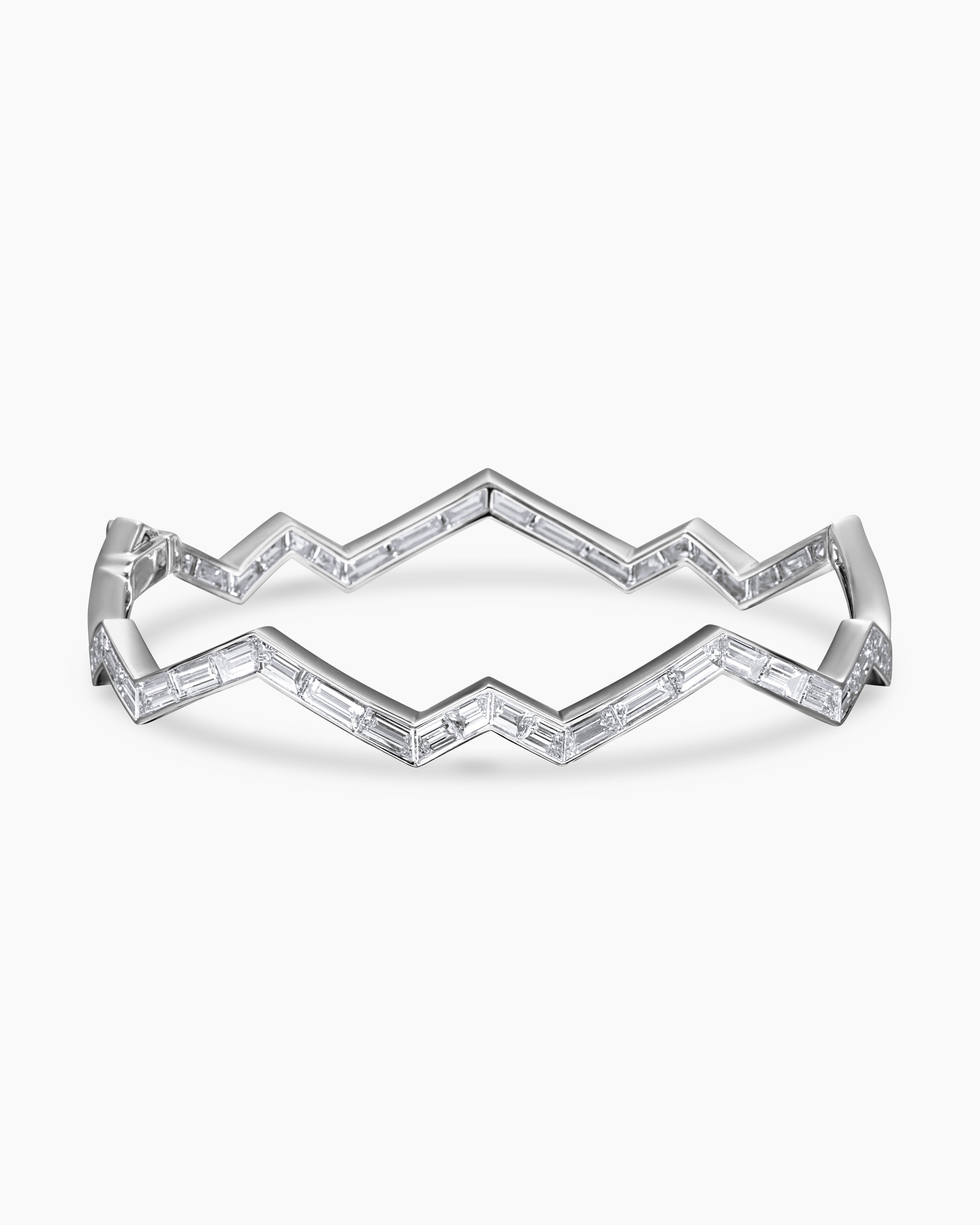Womens Stax Zig Zag Bangle Bracelet in White Gold with Diamonds