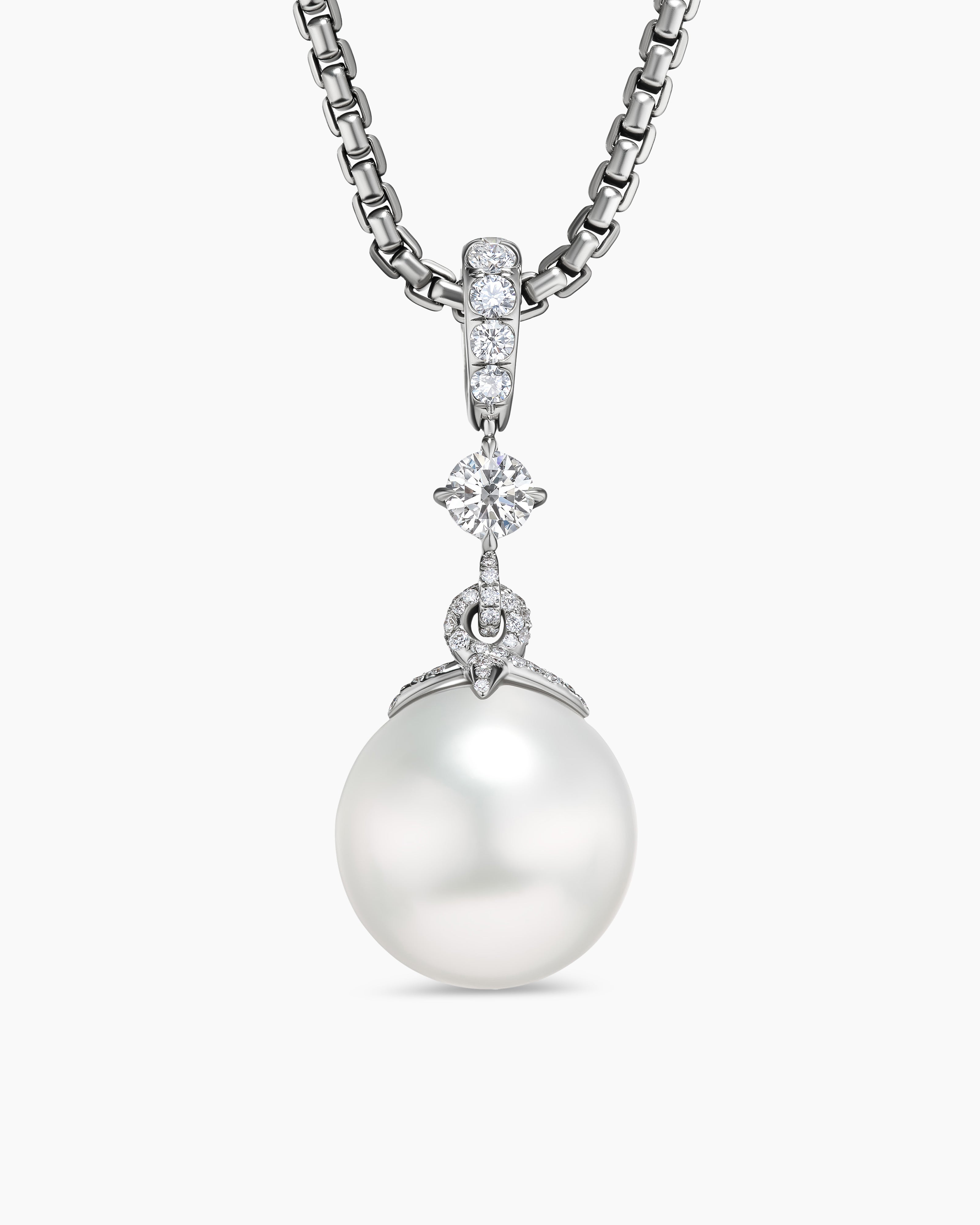 Womens DY Lumina South Sea White Pearl Classic Pendant in White Gold with Diamonds
