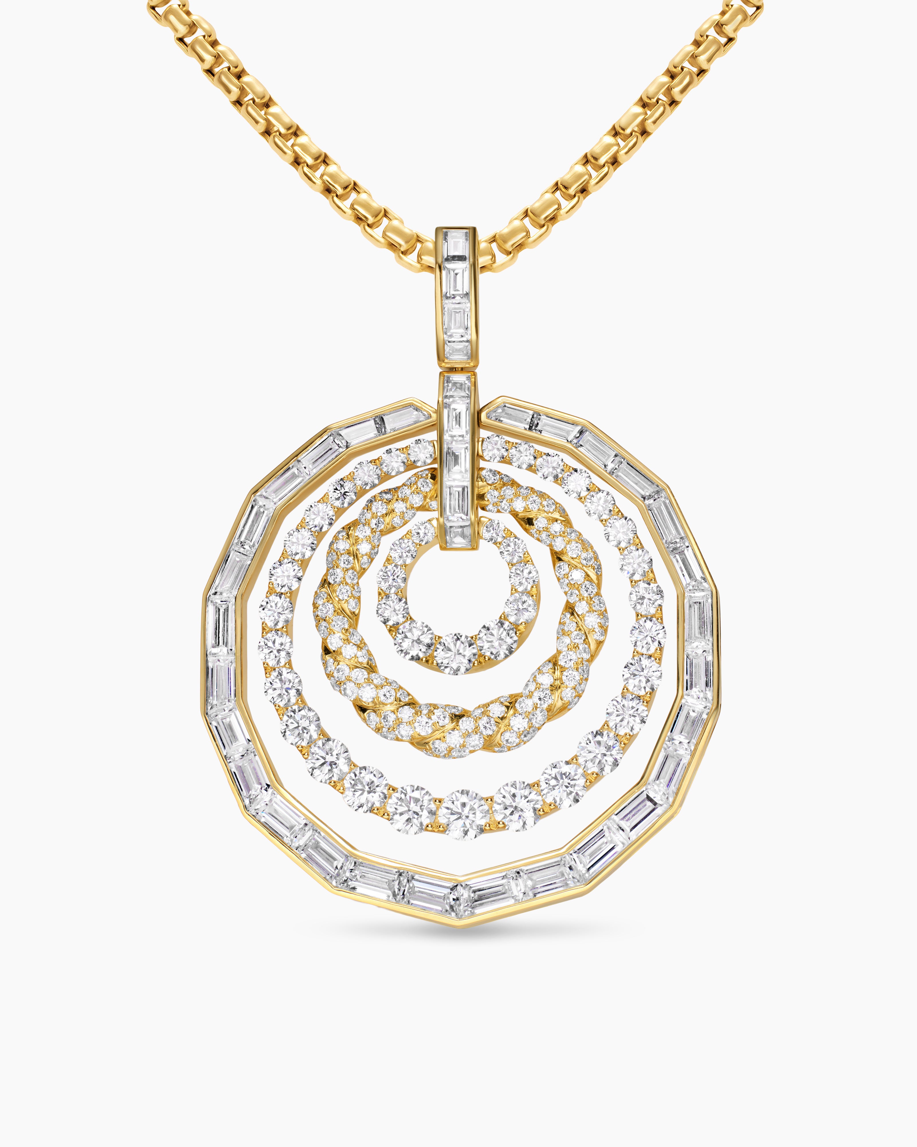 Womens Stax Baguette and Round Dangle Pendant in Yellow Gold with Diamonds