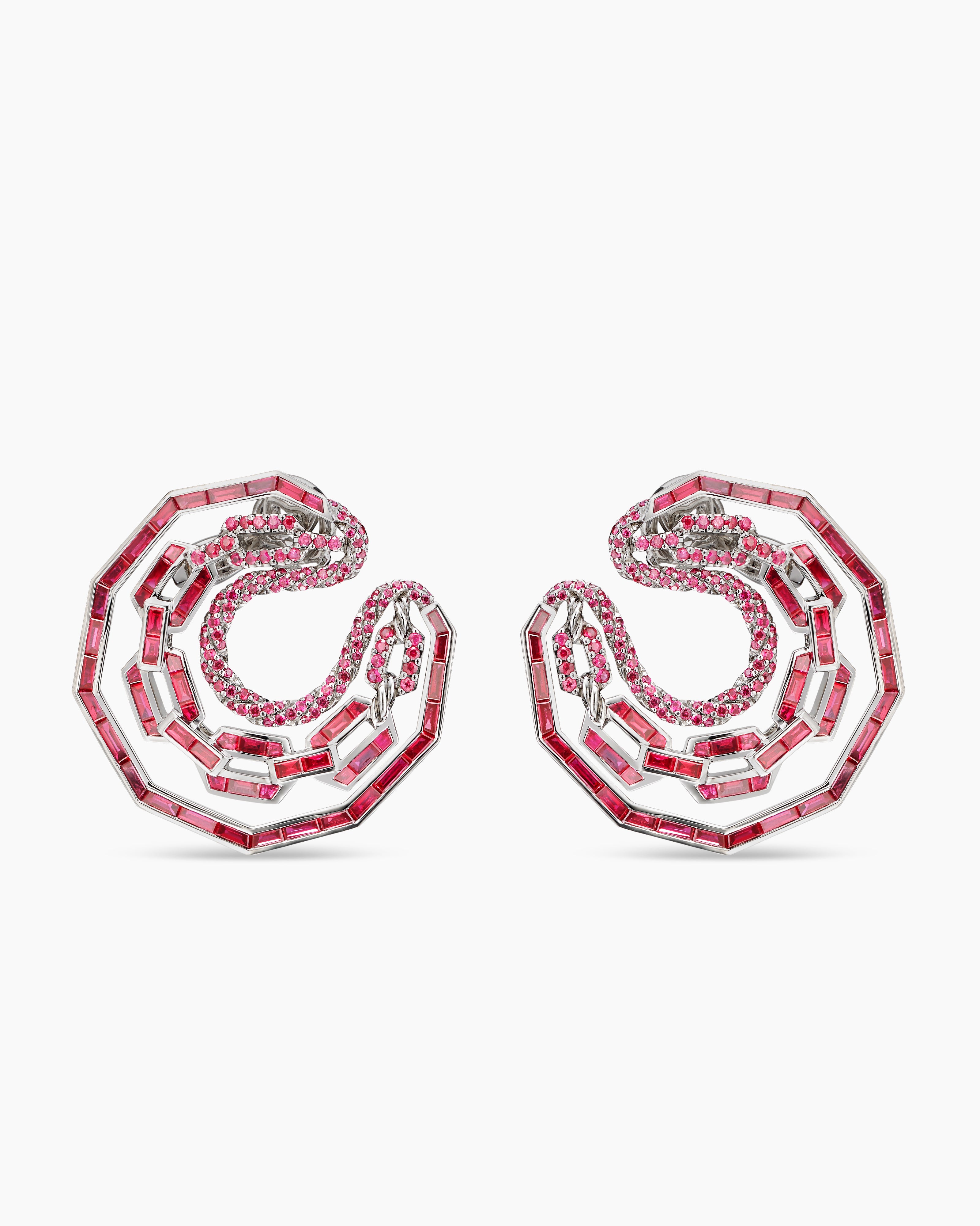 Womens Stax Round Hoop Earrings in White Gold with Red Rubies