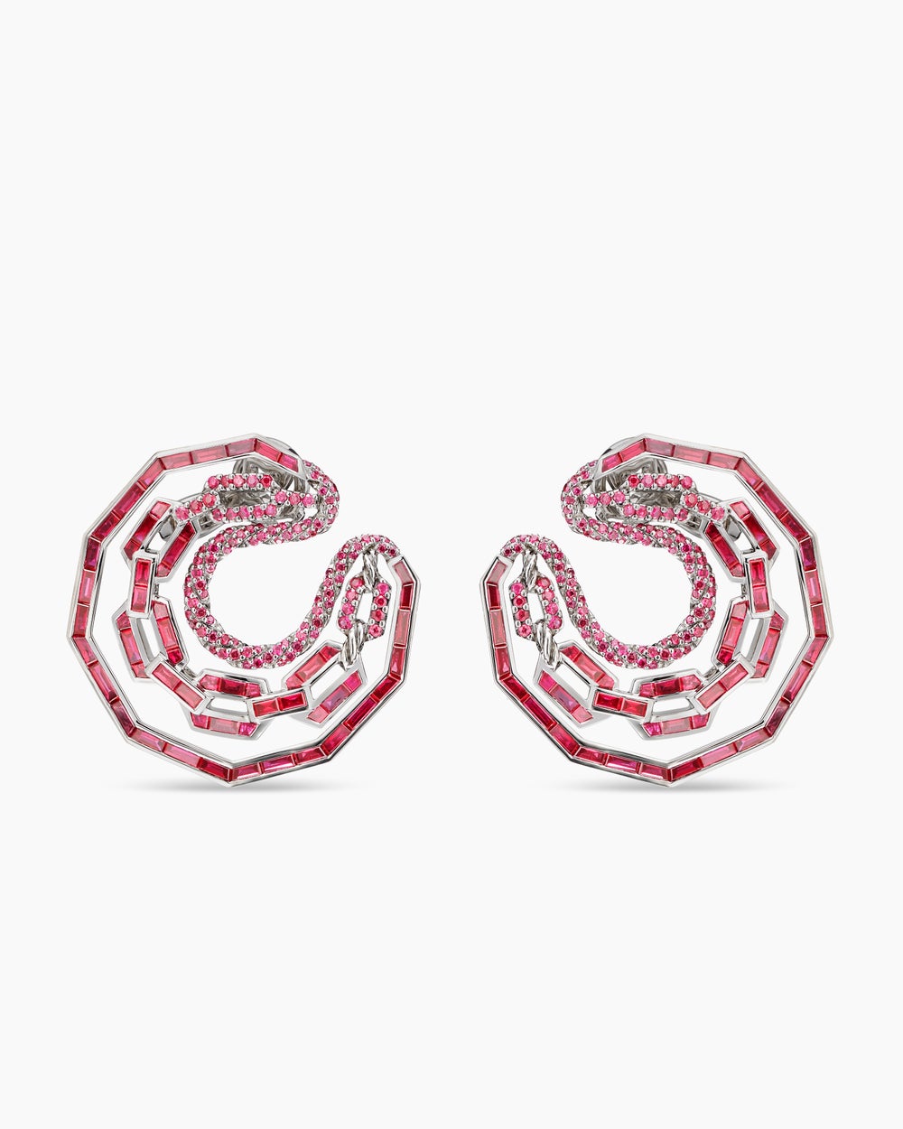 Womens Stax Round Hoop Earrings in White Gold with Red Rubies