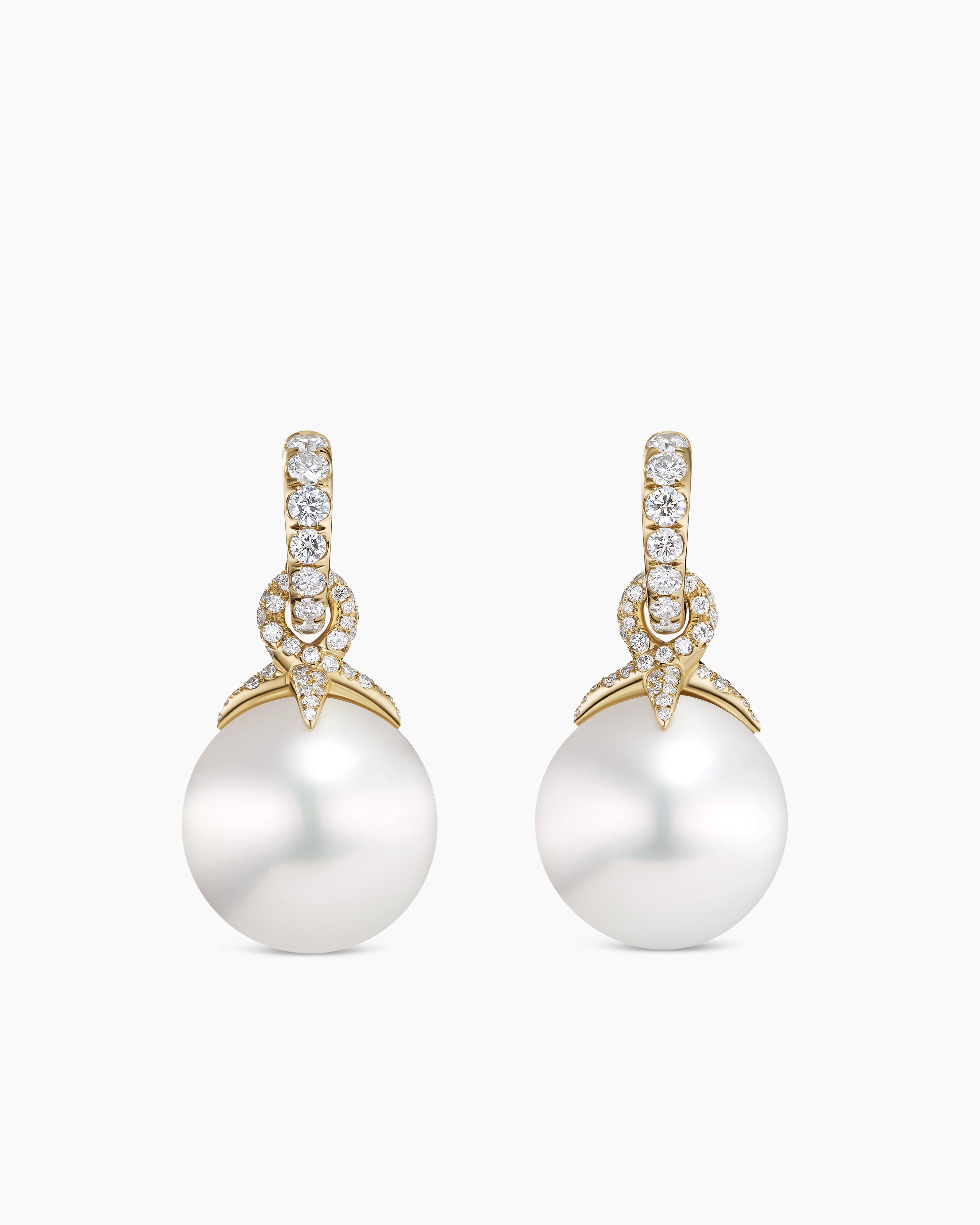 Womens DY Lumina South Sea White Pearl Classic Drop Earrings in Yellow Gold with Diamonds