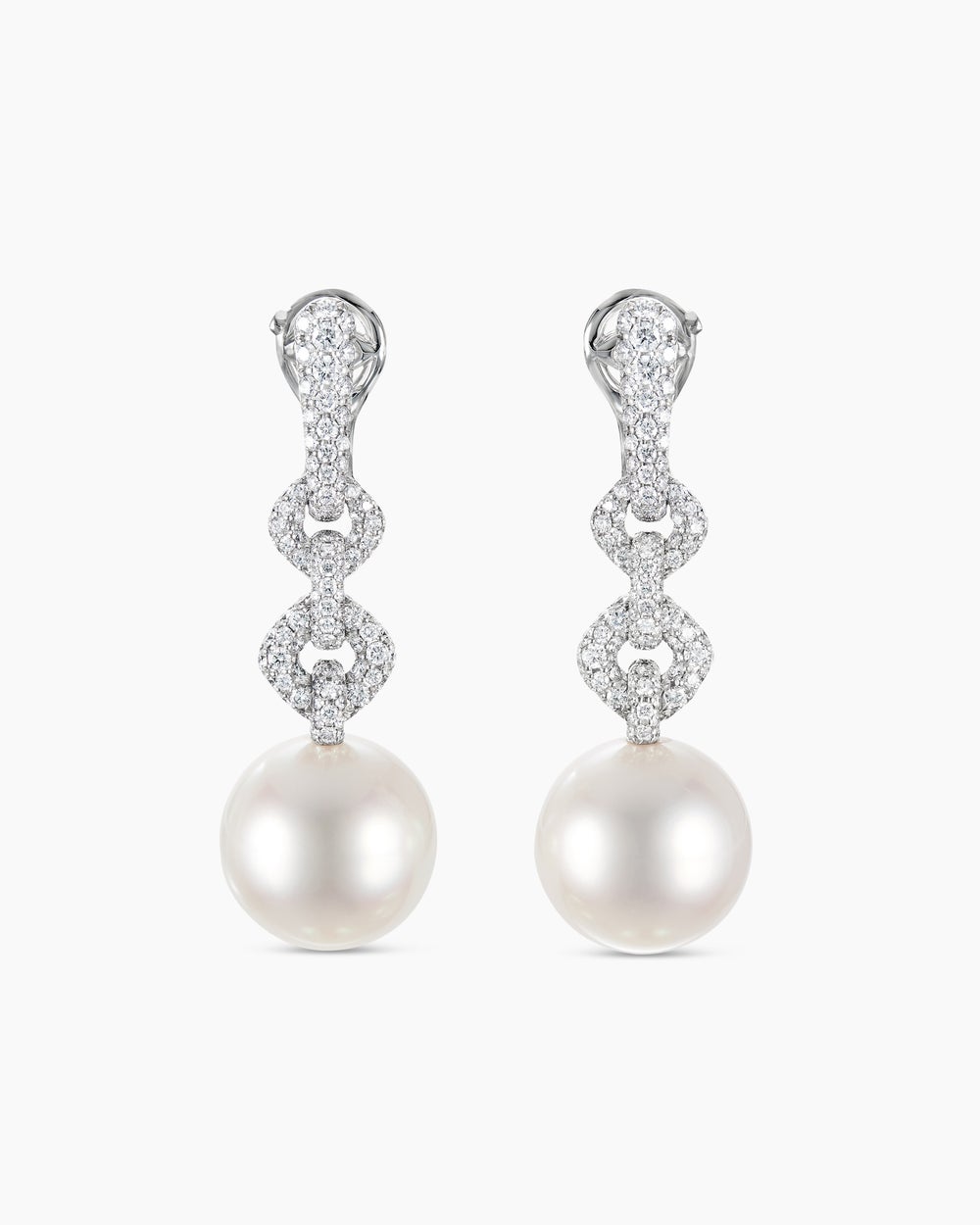 Womens DY Lumina Chain Link Pavé Drop Earrings in White Gold with South Sea White Pearls and Diamonds