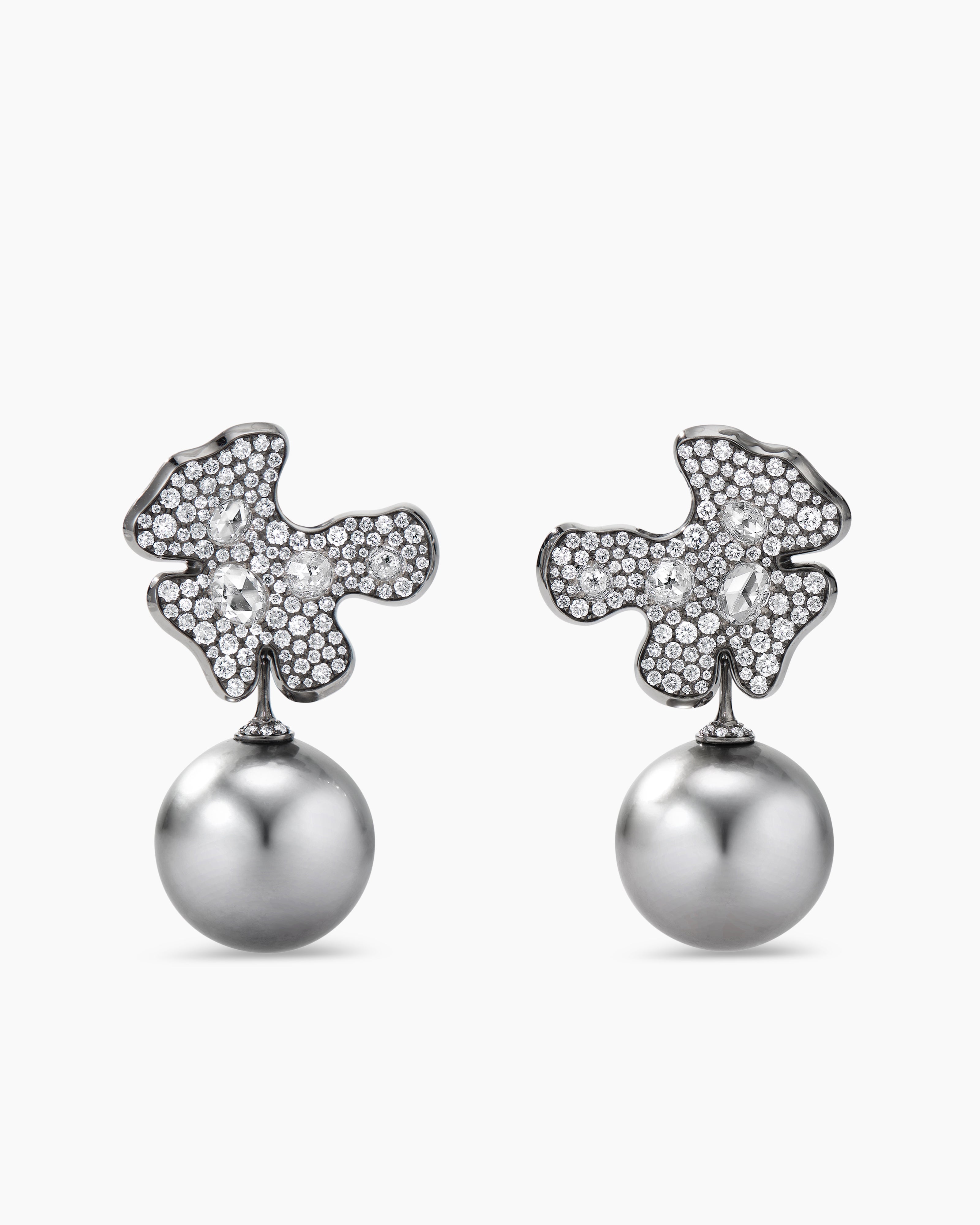 Womens Petals and Tahitian Grey Pearl Drop Earrings in White Gold with Rhodiated Black and Diamonds