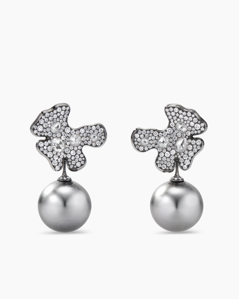 Womens Petals and Tahitian Grey Pearl Drop Earrings in White Gold with Rhodiated Black and Diamonds