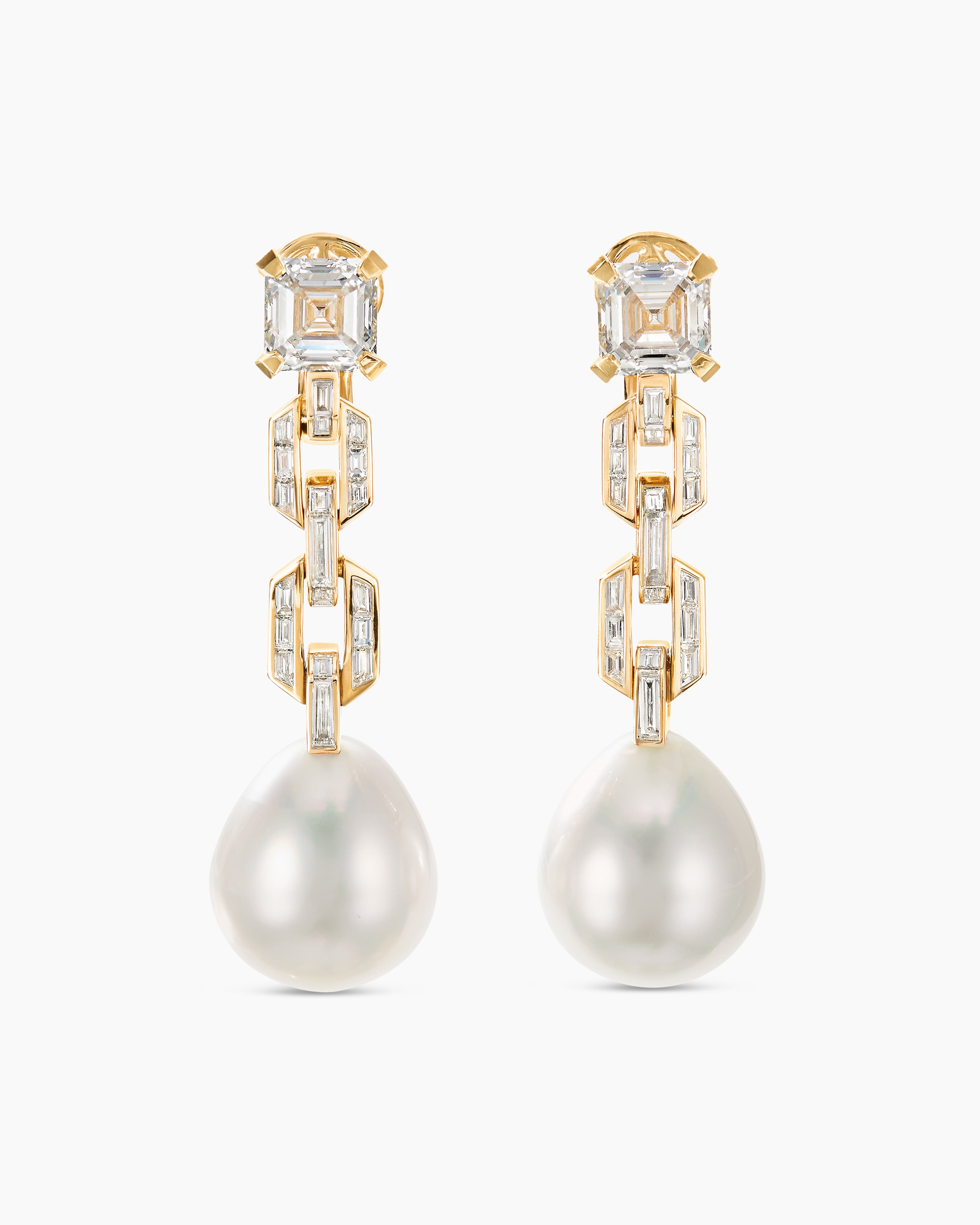 Womens Deco Pearl Link Drop Earrings in Yellow Gold with Diamonds