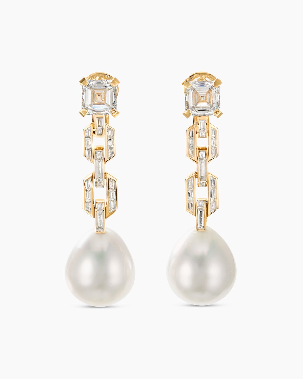 Womens Deco Pearl Link Drop Earrings in Yellow Gold with Diamonds