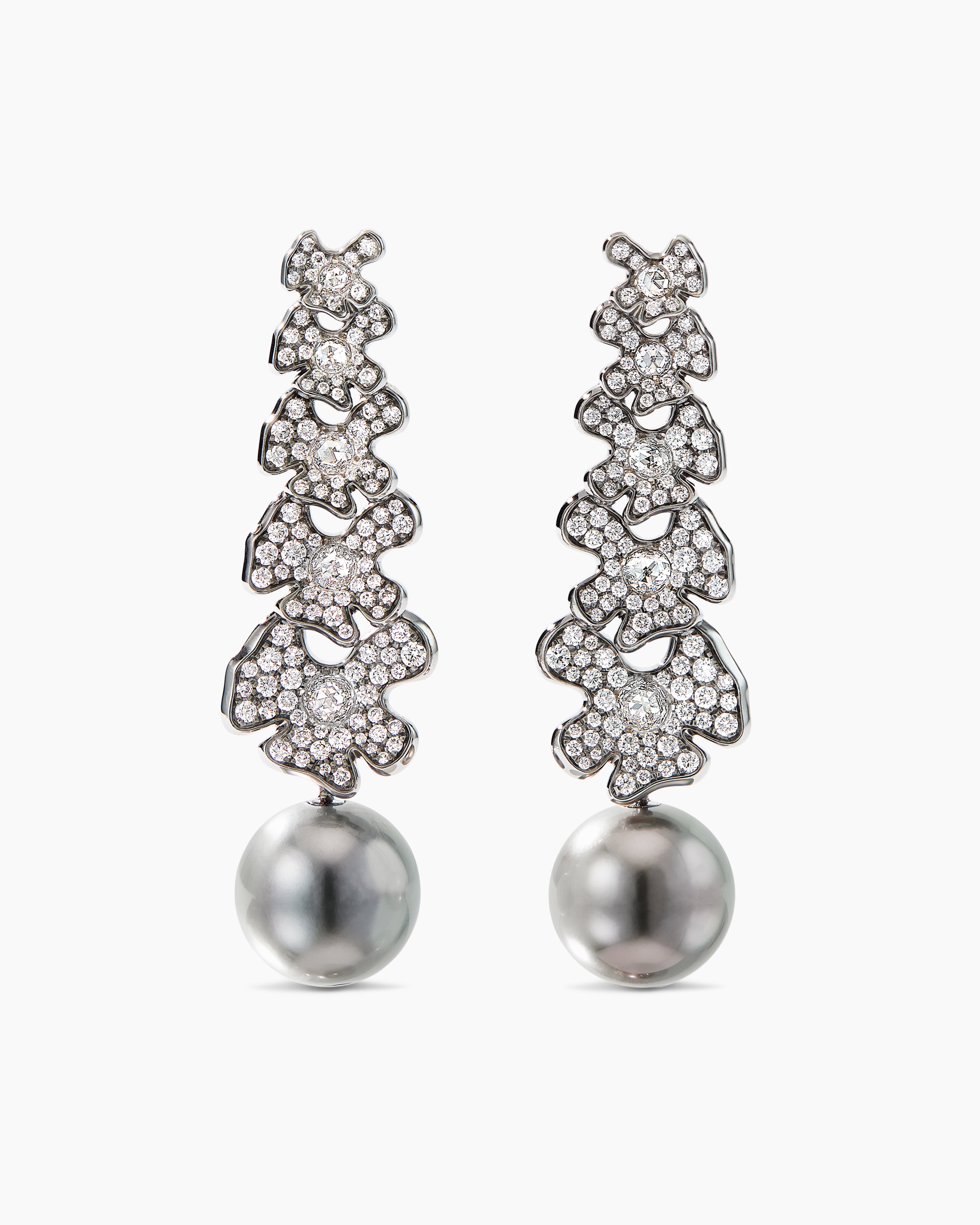 Womens Petals and Tahitian Grey Pearl Drop Earrings in Gold with Diamonds