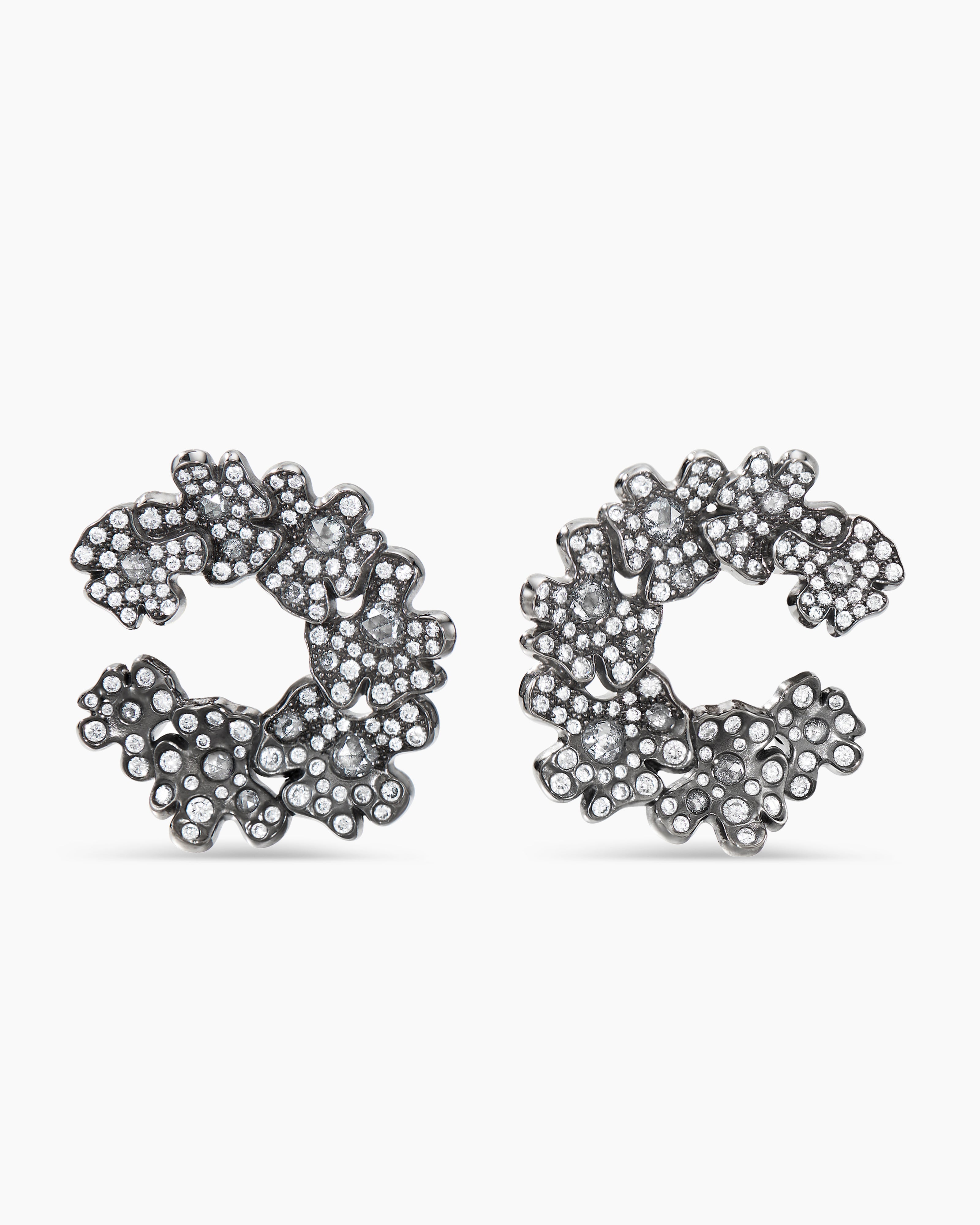 Womens Petals Hoop Earrings in White Gold with Rhodiated Black and Diamonds