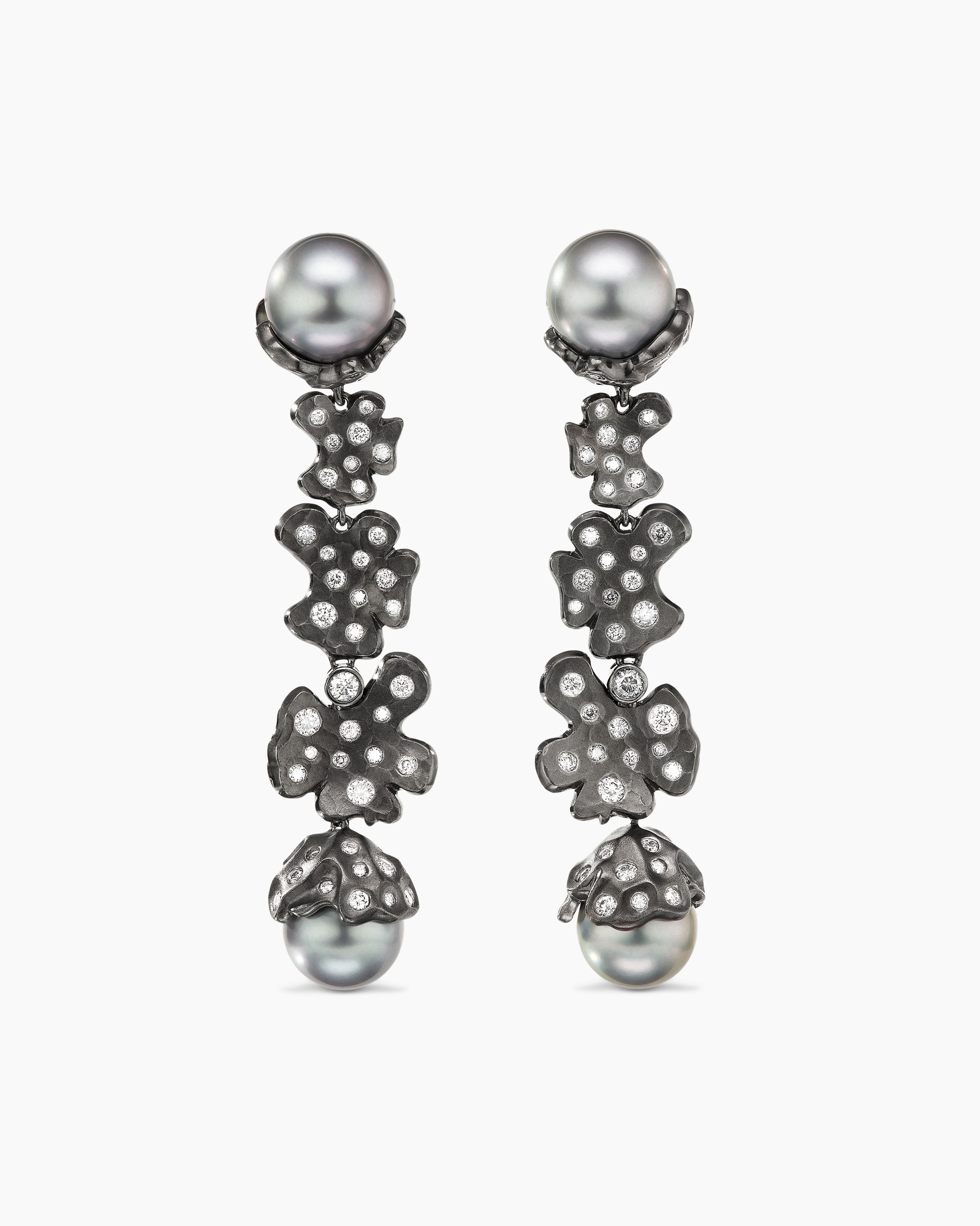 Womens Petals and Tahitian Grey Pearl Drop Earrings in White Gold with Rhodiated Black and Diamonds