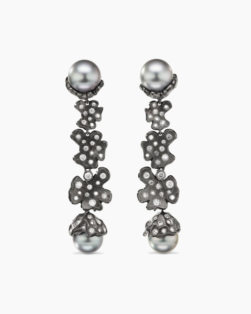 Womens Petals and Tahitian Grey Pearl Drop Earrings in White Gold with Rhodiated Black and Diamonds