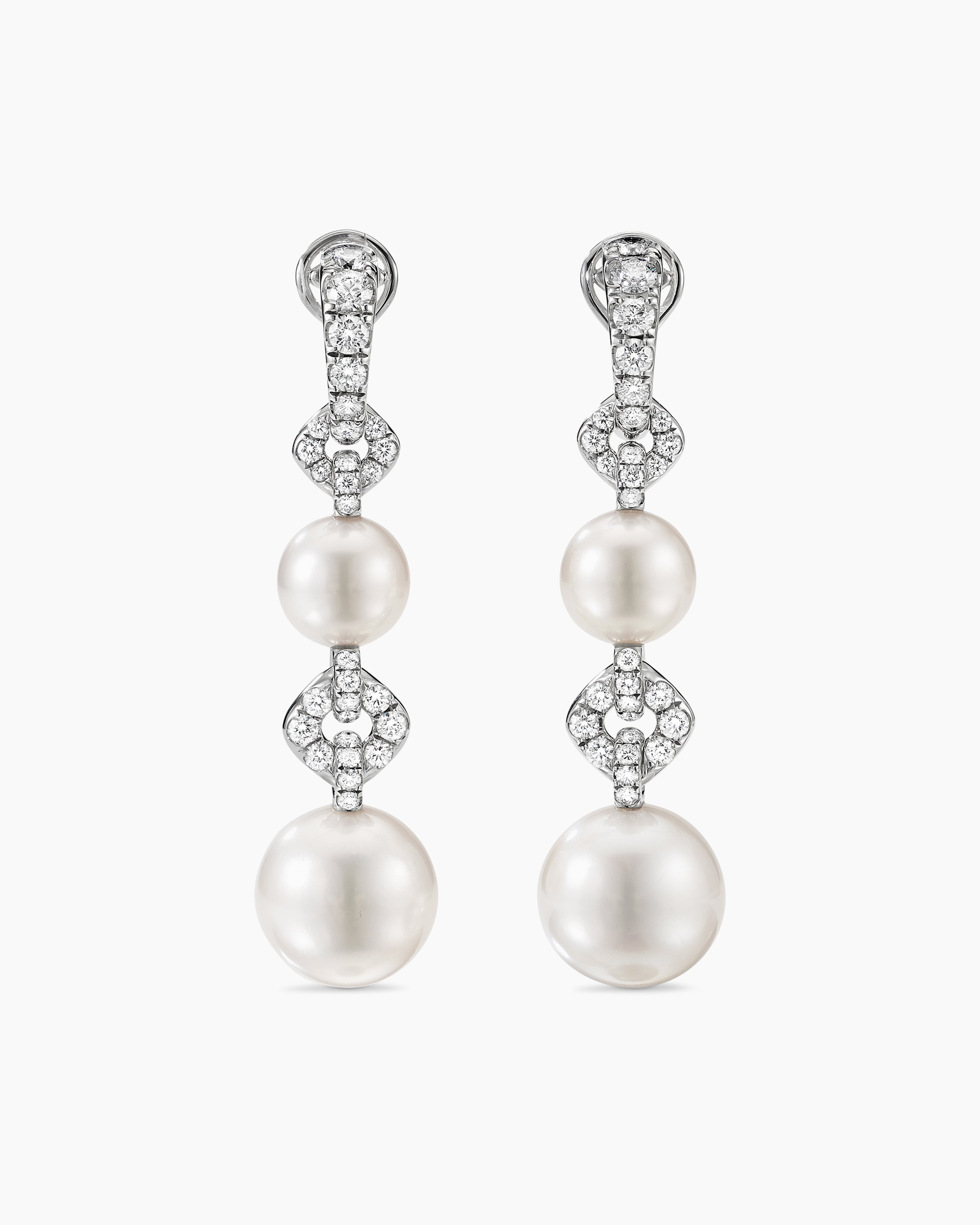 Womens DY Lumina South Sea White Pearl Pav&eacute; Link Earrings in White Gold with Diamonds