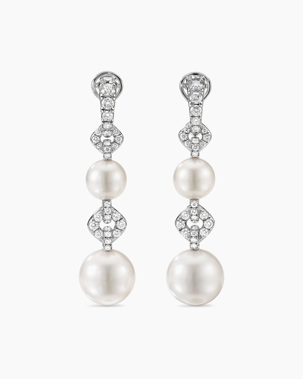 Womens DY Lumina South Sea White Pearl Pavé Link Earrings in White Gold with Diamonds