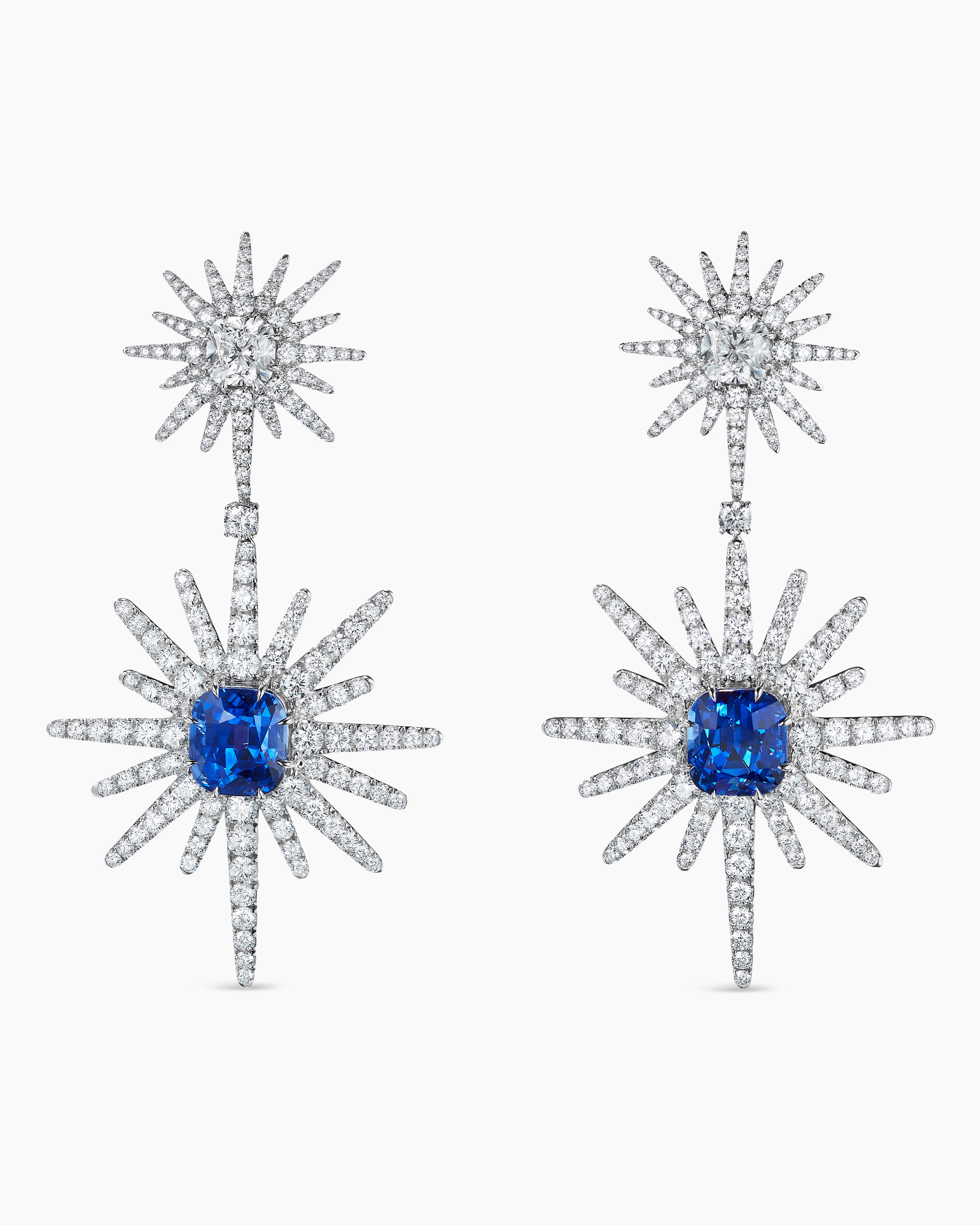 Womens Starburst Drop Earrings in White Gold with Sapphires and Diamonds