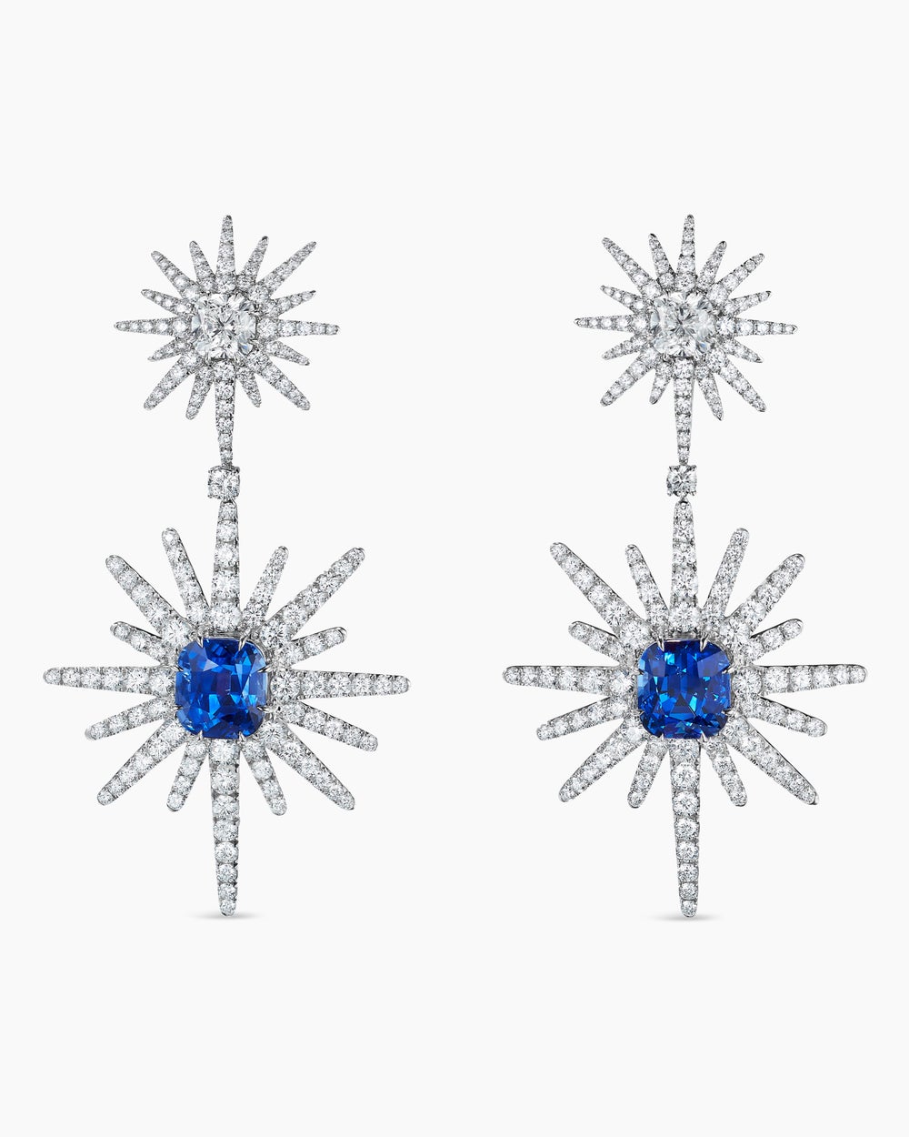 Womens Starburst Drop Earrings in White Gold with Sapphires and Diamonds