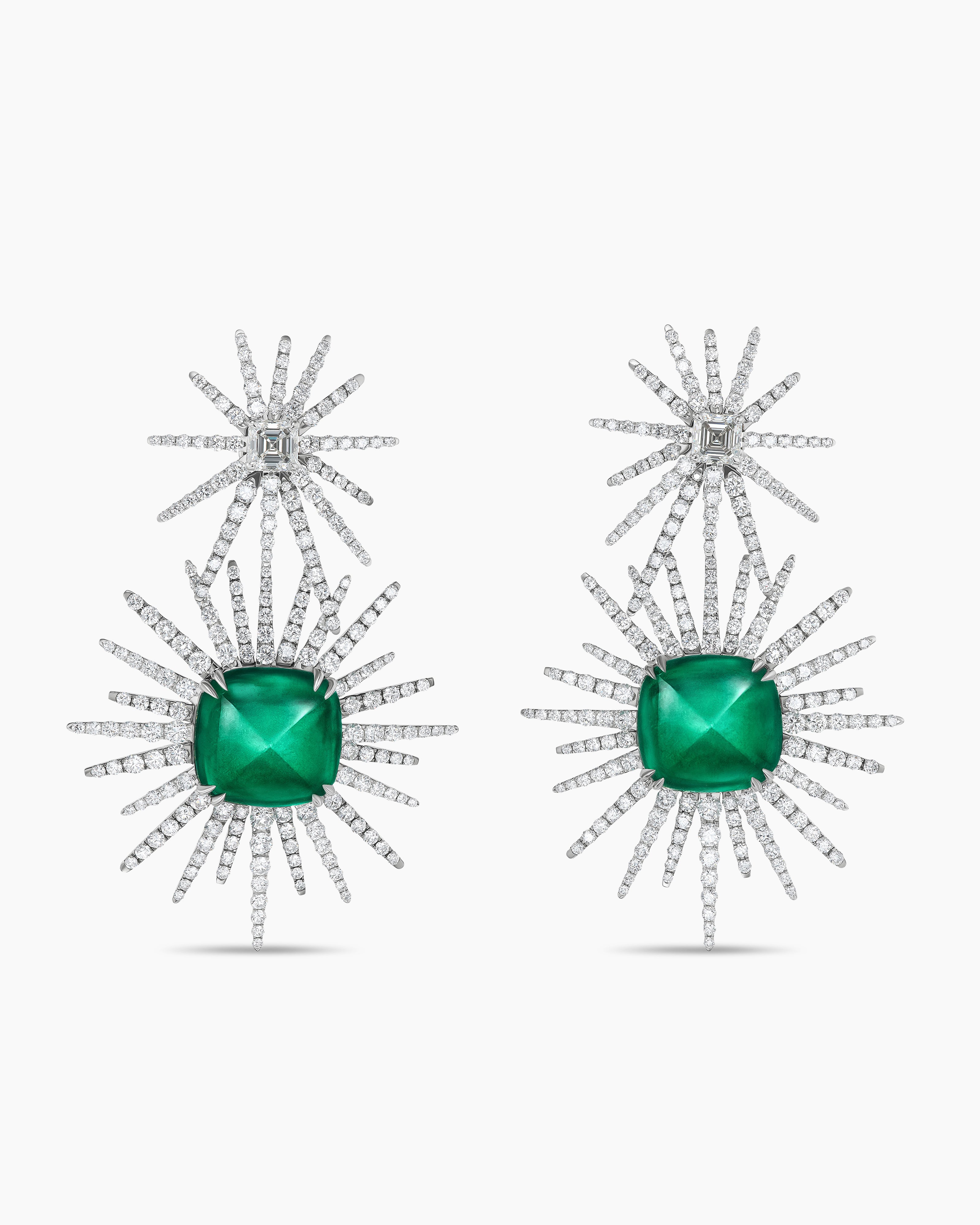 Womens Starburst Drop Earrings in White Gold with Grey Titanium, Emeralds and Diamonds