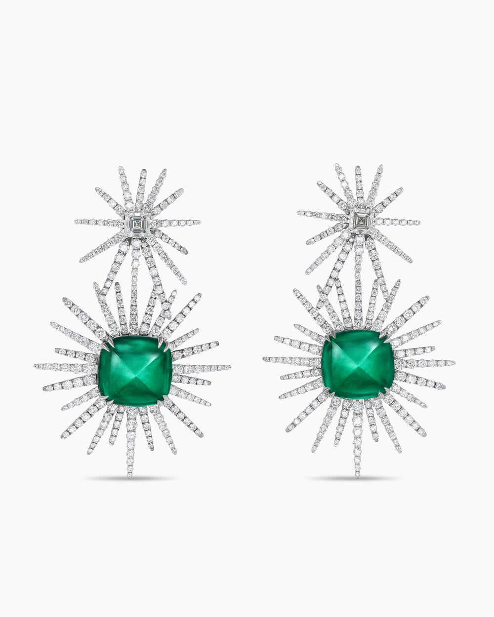 Womens Starburst Drop Earrings in White Gold with Grey Titanium, Emeralds and Diamonds