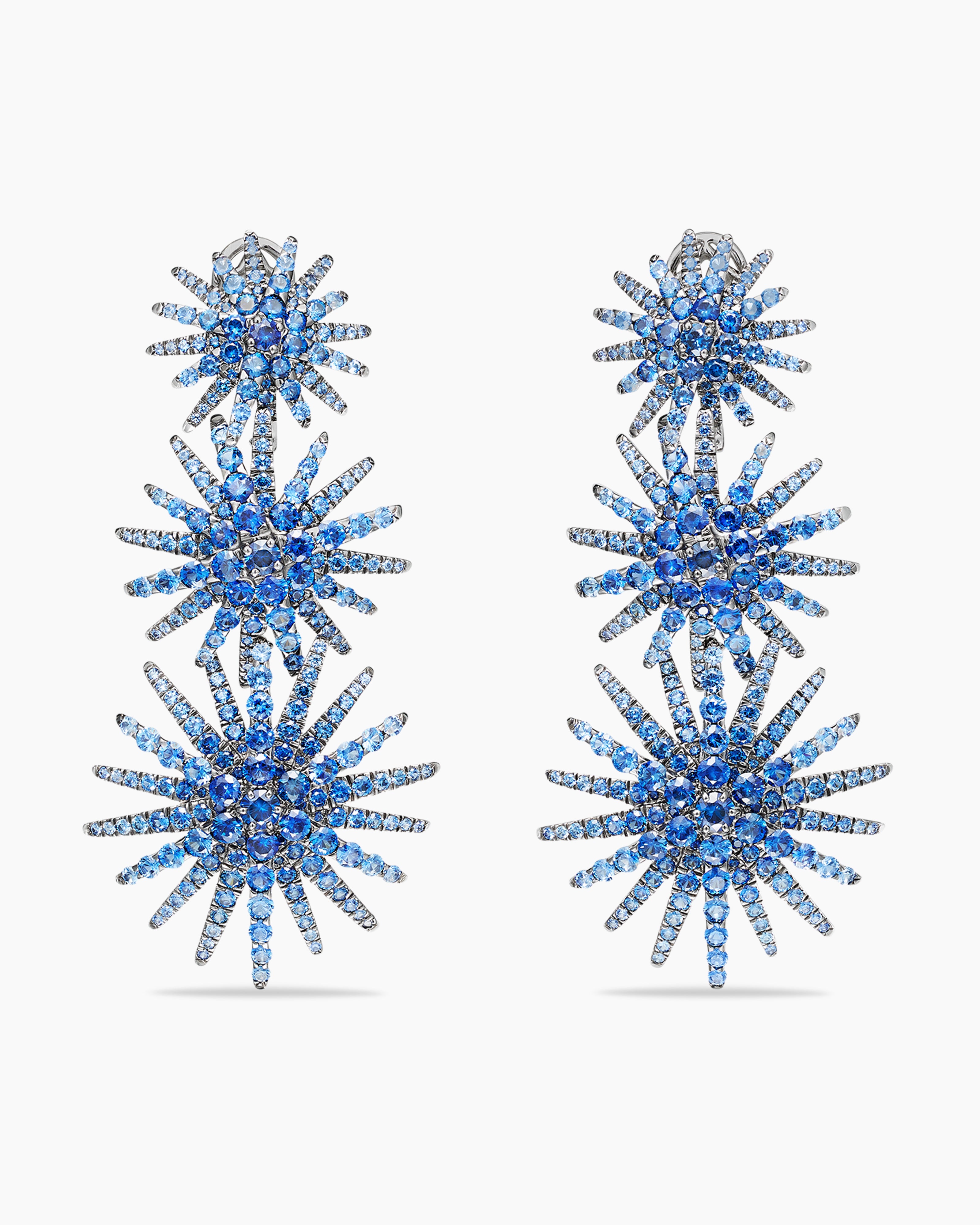 Womens Starburst Triple Drop Earrings in White Gold with Pav&eacute; Sapphires