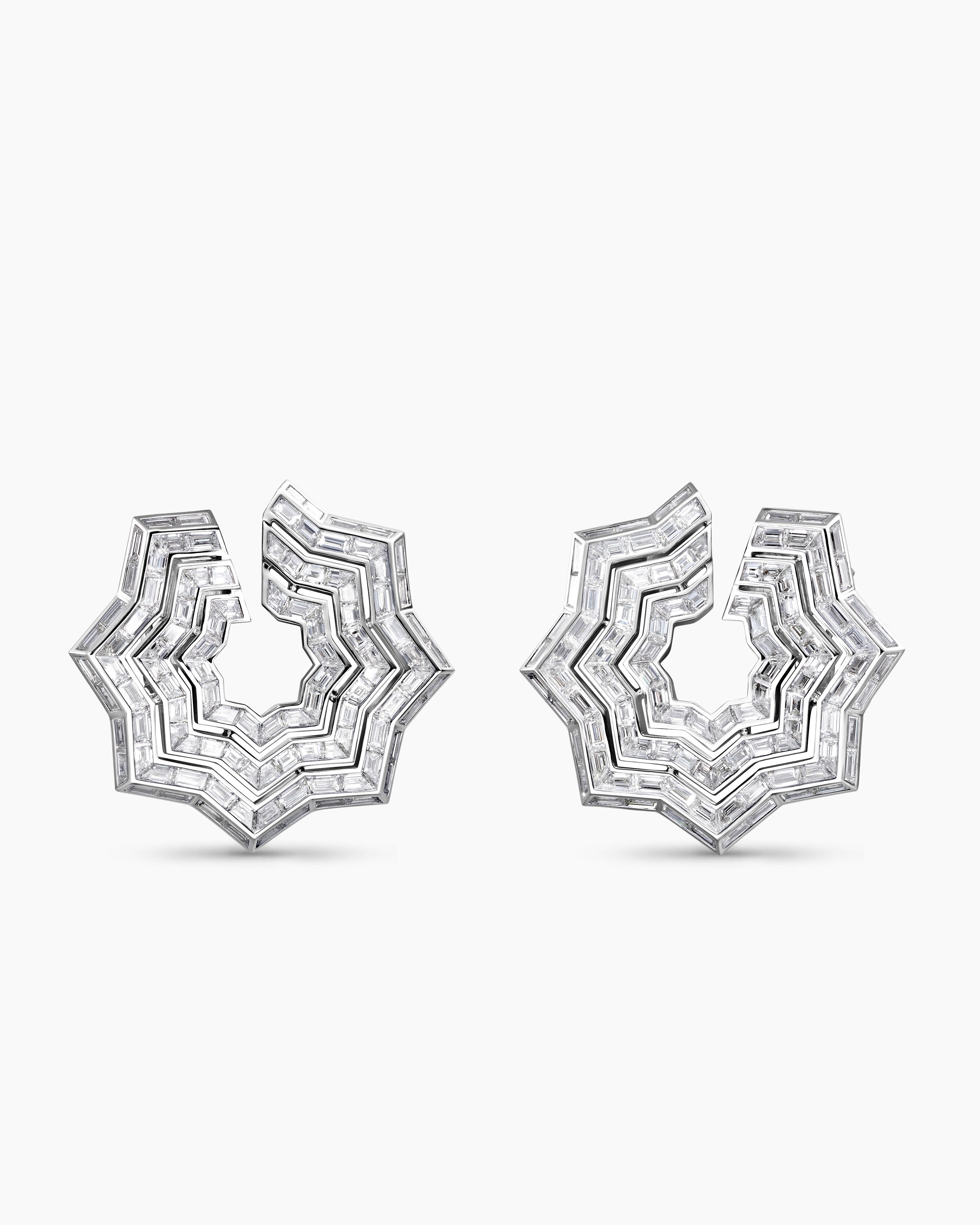 Womens Stax Zig Zag Baguette Earrings in White Gold with Diamonds