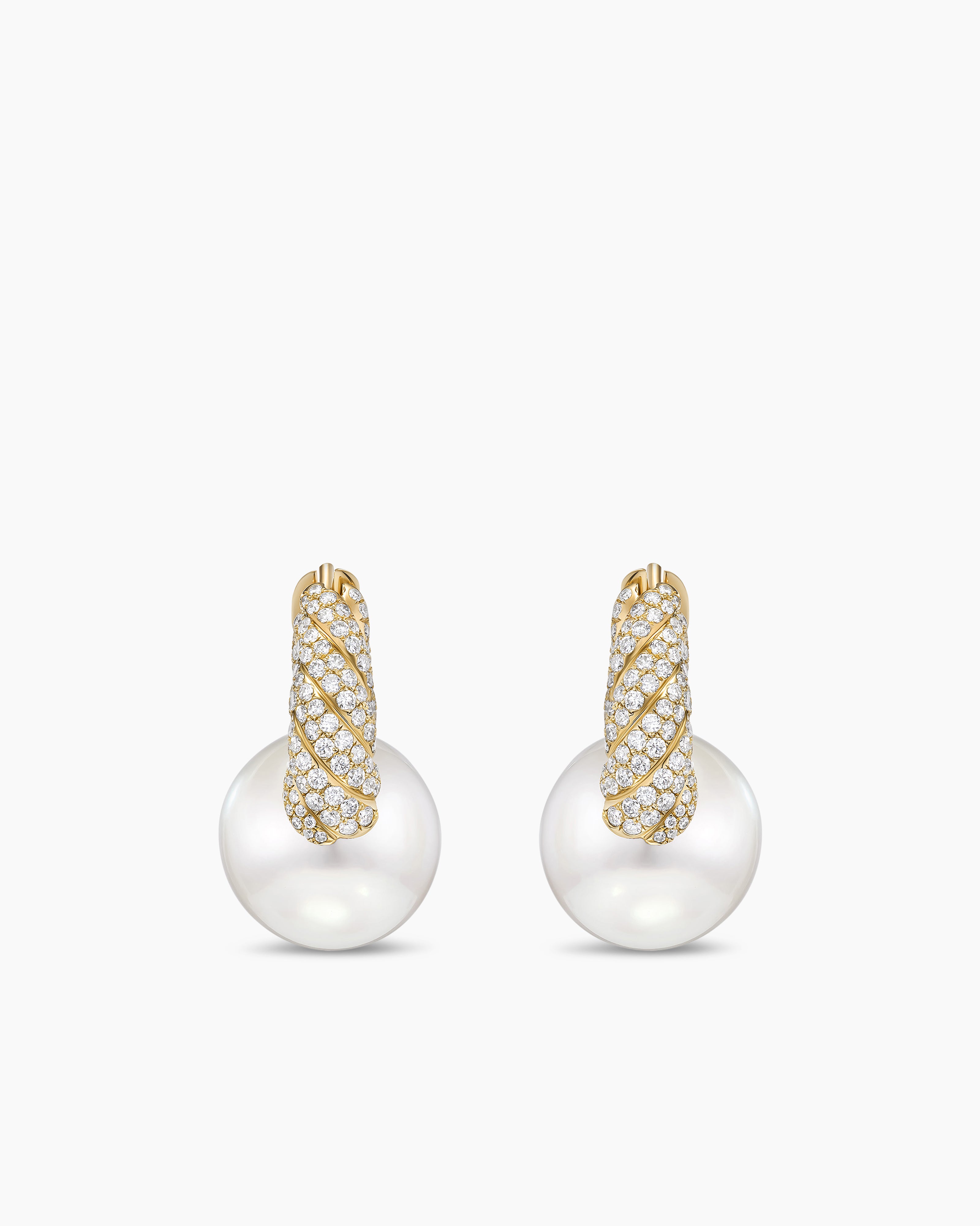 Womens DY Lumina South Sea White Pearl Sculpted Cable Drop Earrings in Yellow Gold with Diamonds