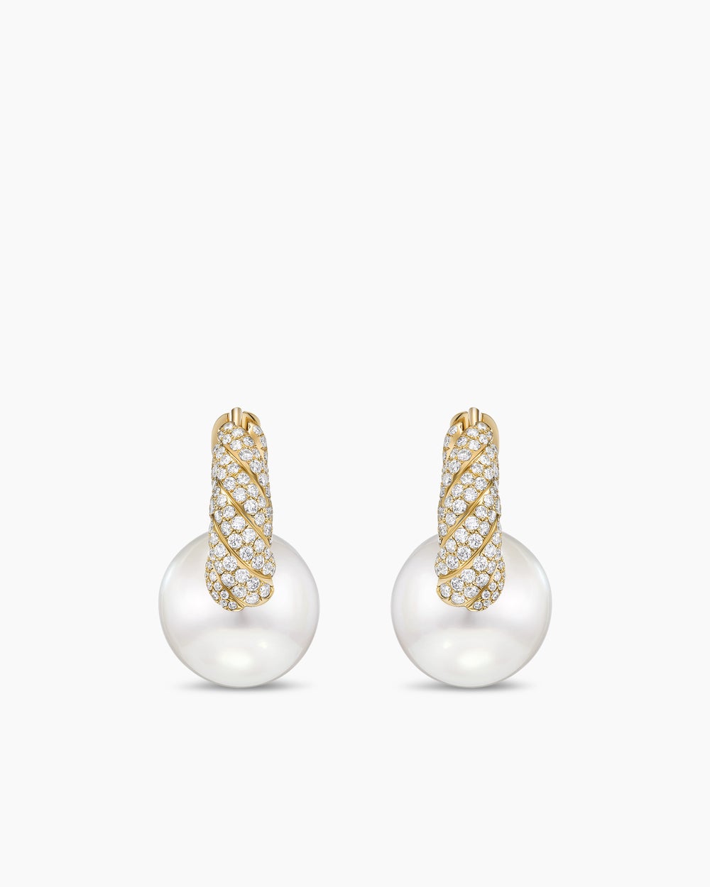 Womens DY Lumina South Sea White Pearl Sculpted Cable Drop Earrings in Yellow Gold with Diamonds