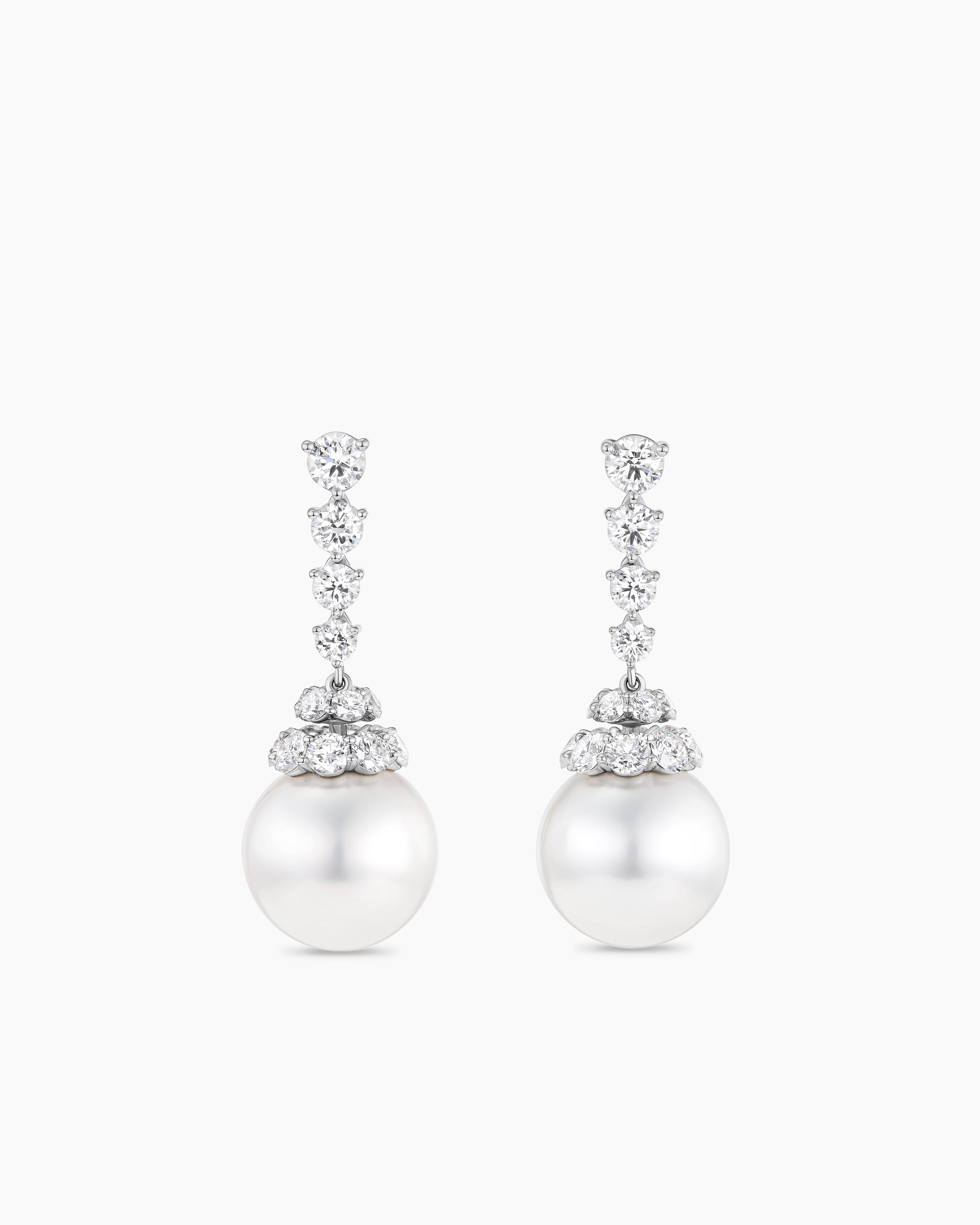 Womens Floating Diamonds and South Sea White Pearl Drop Earrings in White Gold
