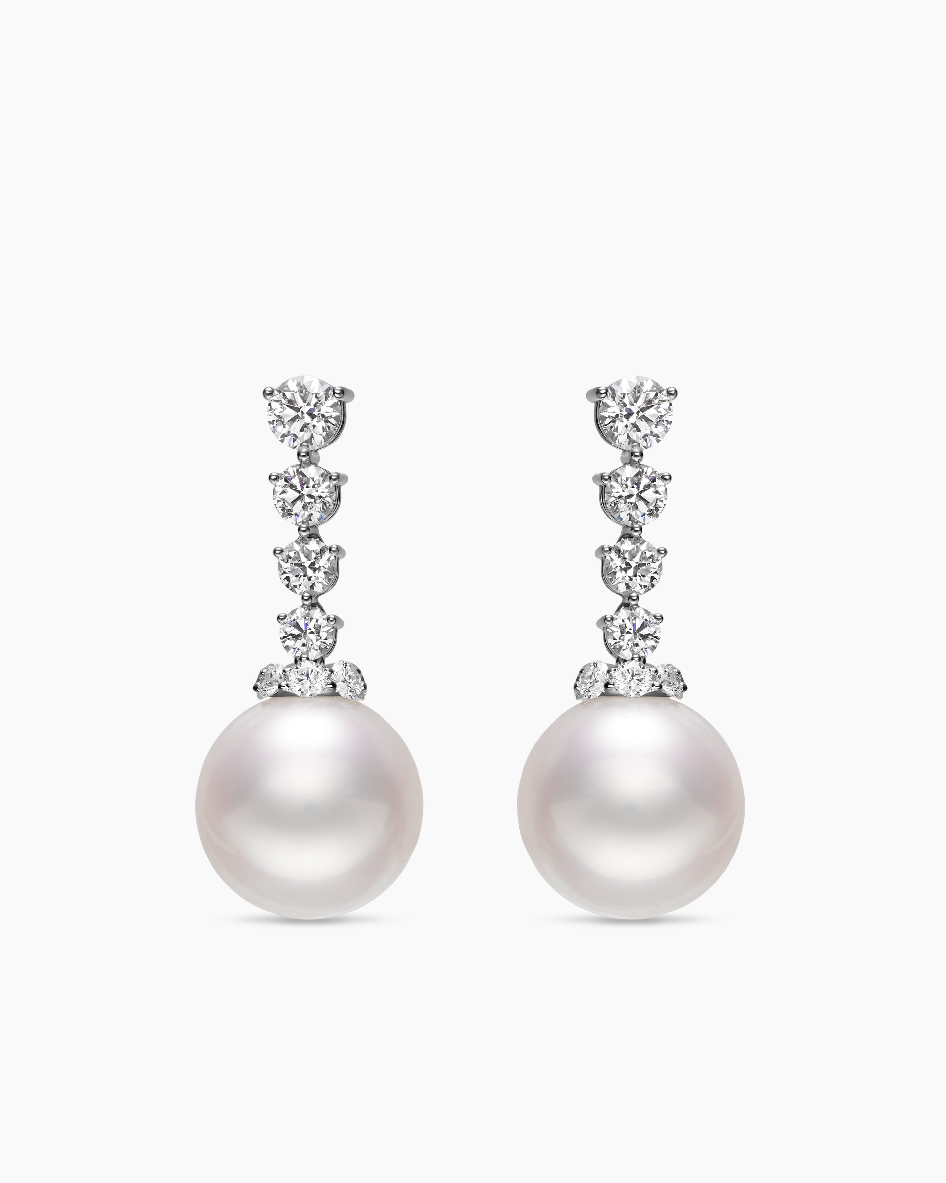 Womens Floating Diamonds and South Sea White Pearl Earrings in White Gold