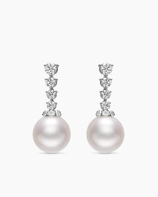 Floating Diamonds and South Sea White Pearl Earrings in White Gold