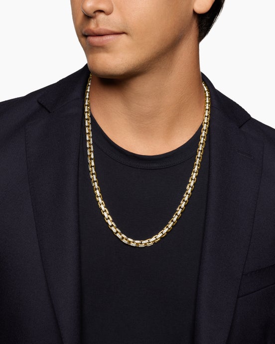 Box Chain Necklace in 18K Yellow Gold with Pavé Diamonds, 7.5mm