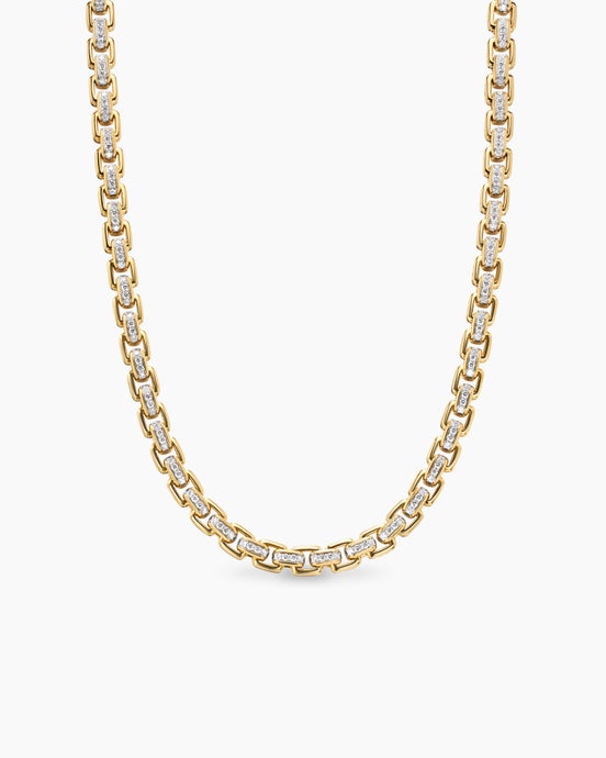 Box Chain Necklace in 18K Yellow Gold with Pavé Diamonds, 7.5mm