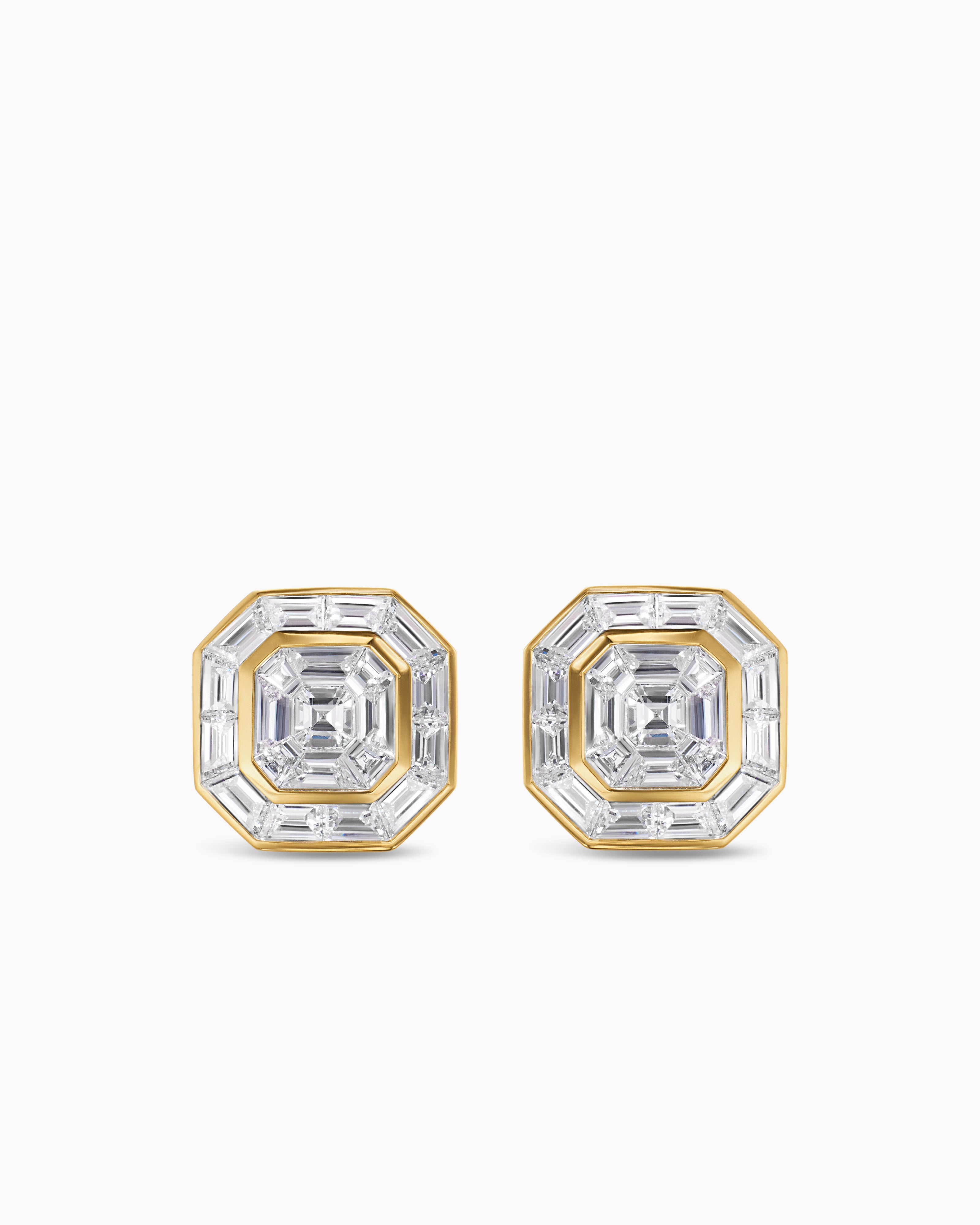 Mens Deco Stud Earrings in Yellow Gold with Diamonds